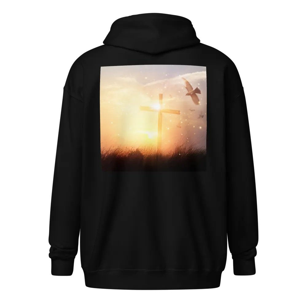 Radiant cross illuminated by a bright, golden light, set against a soft & glowing sunrise background & doves Hoodie product image (1)