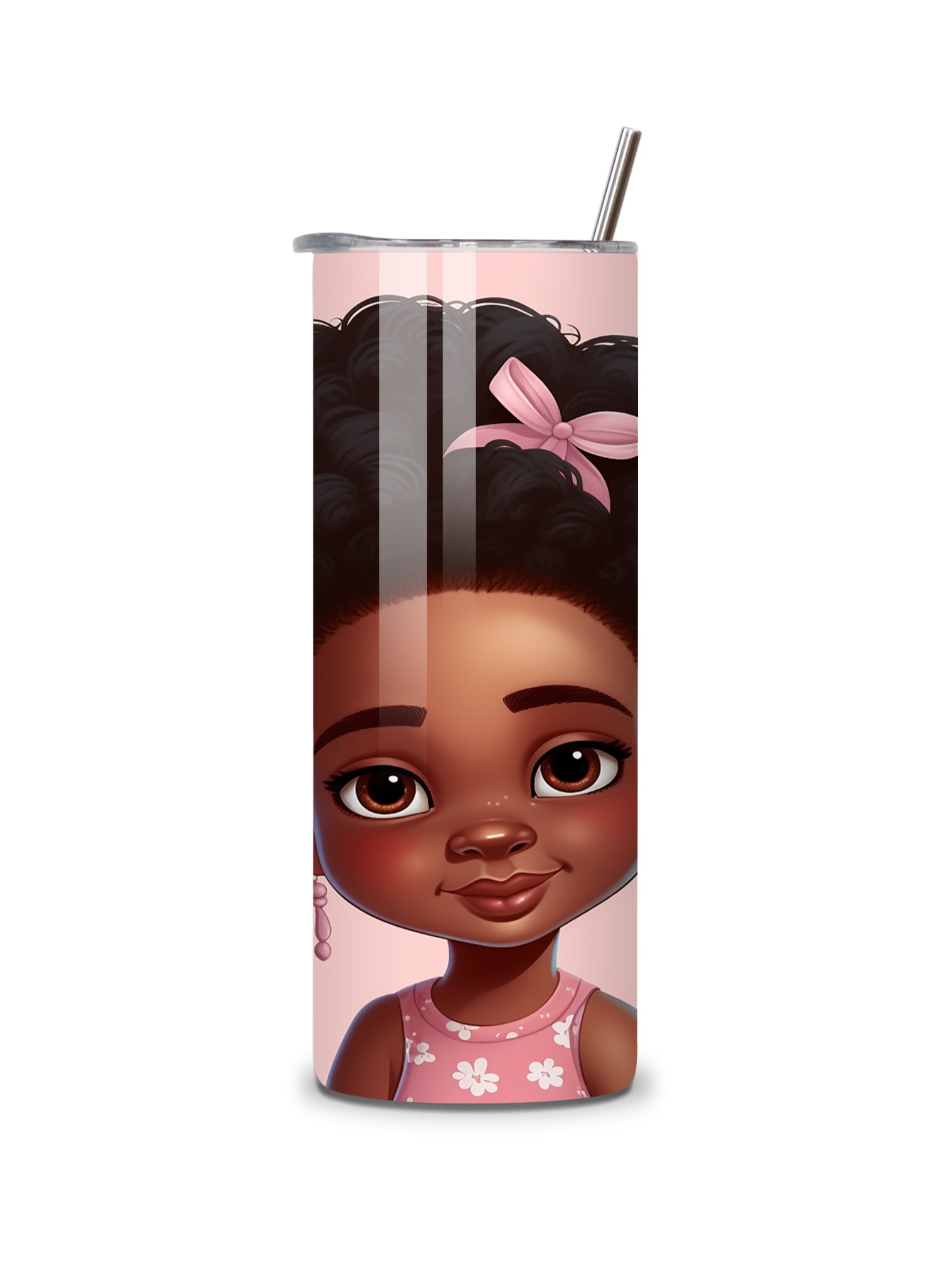 Adorable Afro Princess 20oz Skinny Tumbler with Metal Straw – Cute Pink Bow Design for Kids and Adults – Double-Walled Insulated Stainless Steel Tumbler for Hot & Cold Drinks product image (3)