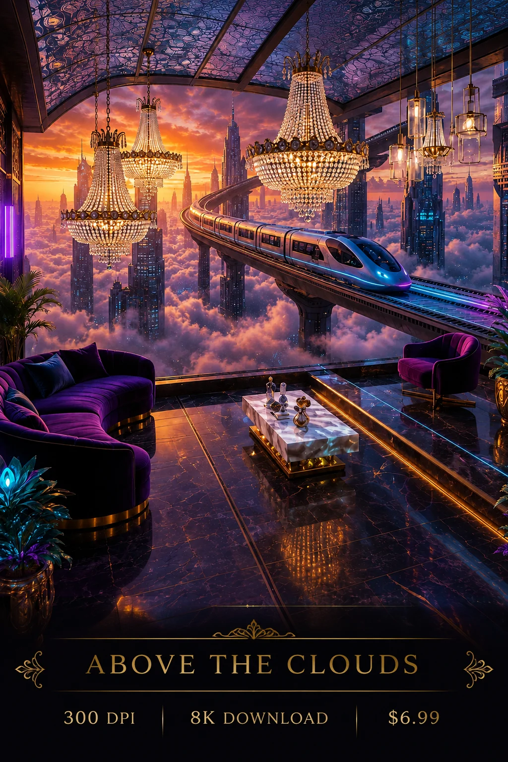 ABOVE THE CLOUDS Futuristic Sky Lounge Wall Art Printable | Luxury Sci-Fi Decor 8K Digital Download product image (1)