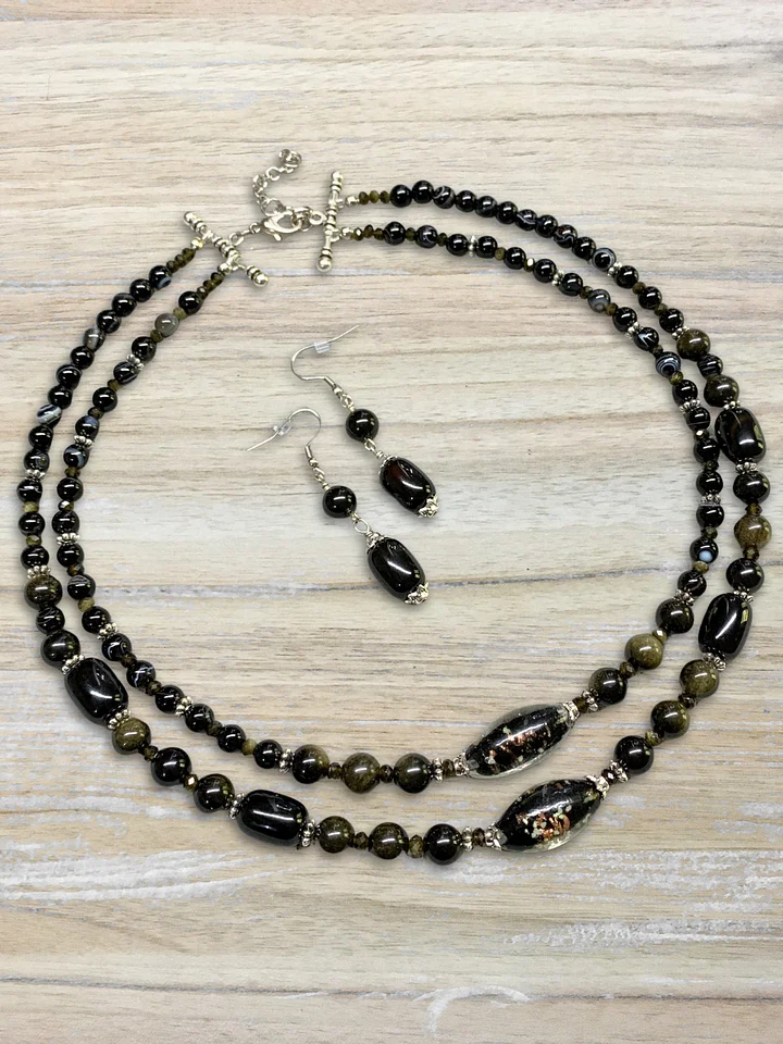 Black Onyx, Golden Sheen Obsidian 2-Strand Beaded Necklace and Earrings product image (2)