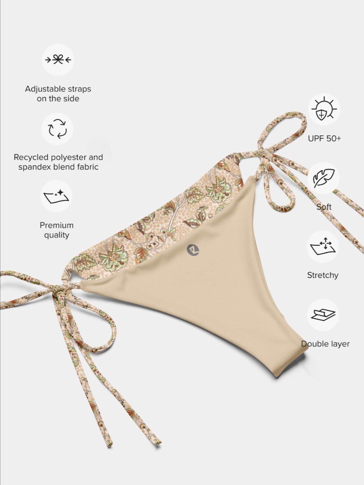 Recycled String Bikini Bottom "Elegant Neutral Beige Chintz" product image (5)