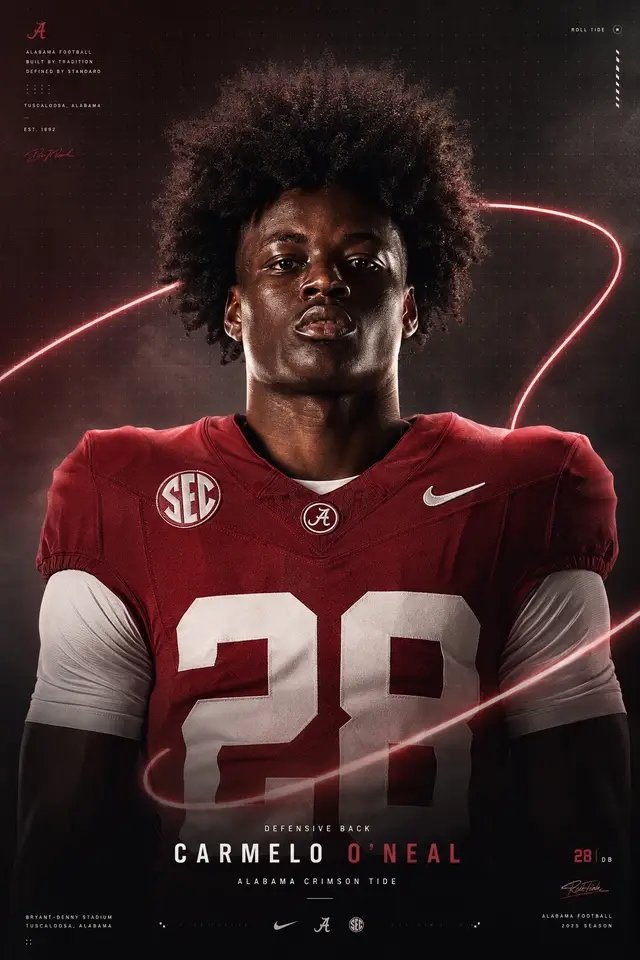 Today marks only 28 days until the Crimson Tide takes on the ECU Pirates! Meet Junior DB Carmelo O'Neal •Position: DB •Height: 6-4 •Weight: 210 •Class: Junior •Hometown: Atlanta, Ga. •High School: Westlake •Prev School: Mercer