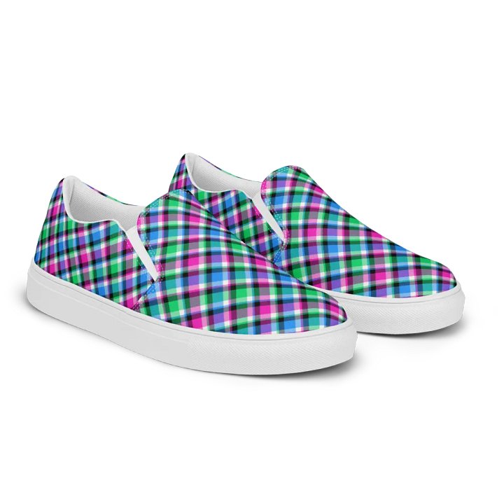 Magenta, Bright Green, and Blue Plaid Women's Slip-On Shoes product image (2)