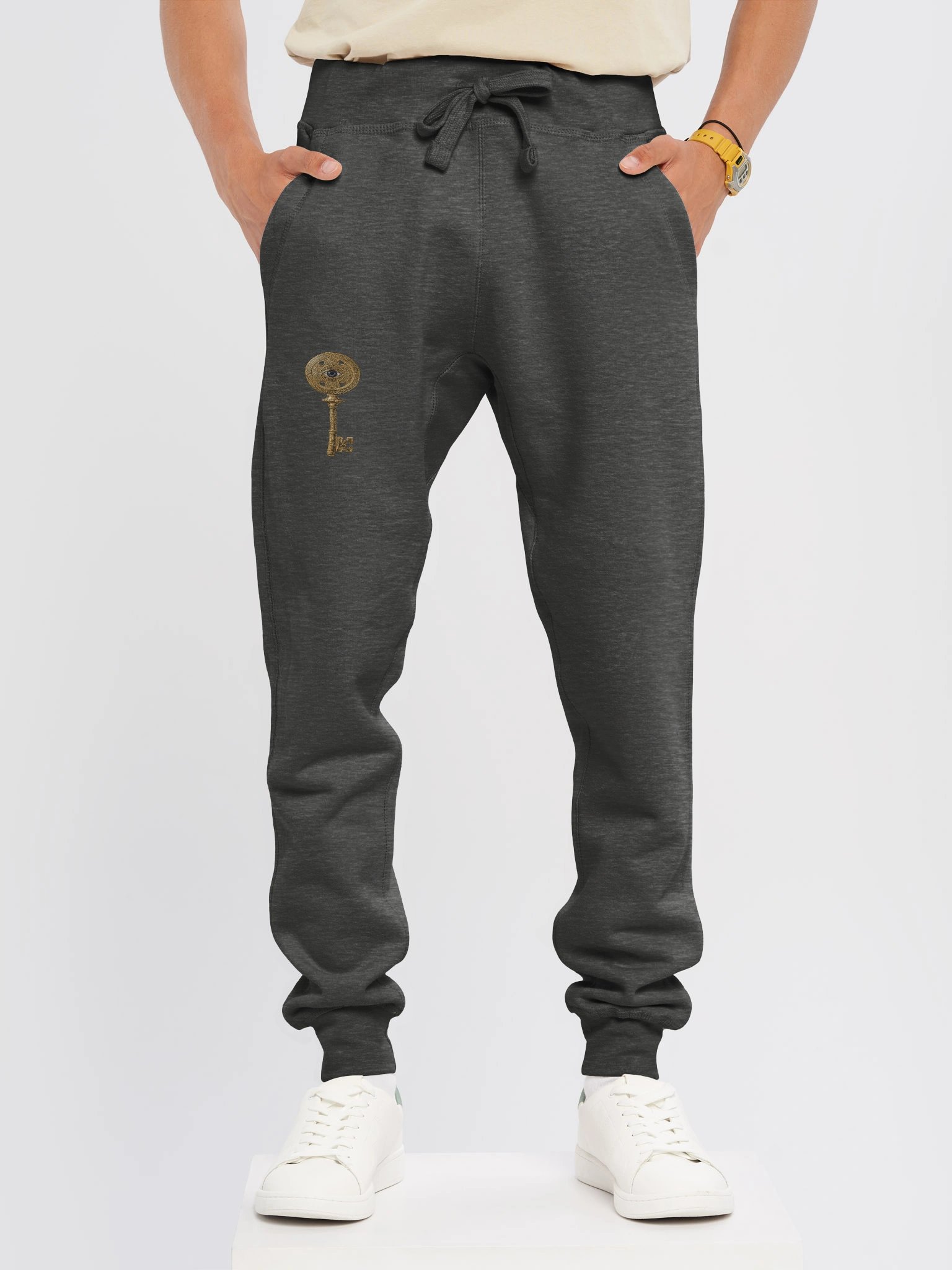 The Gatekeeper’s Key Fleece Joggers – Right Thigh & Back Lower Leg Print | Charcoal Heather | product image (3)