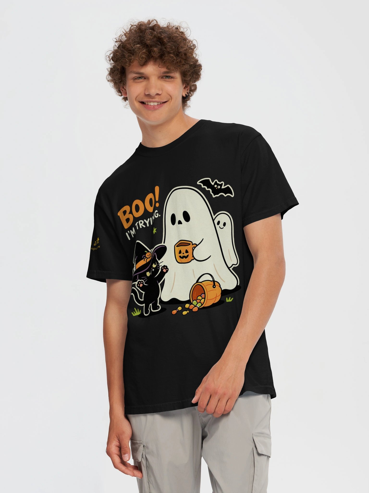 Boo I'm Trying Funny Halloween Cat & Ghost T-Shirt Design product image (43)