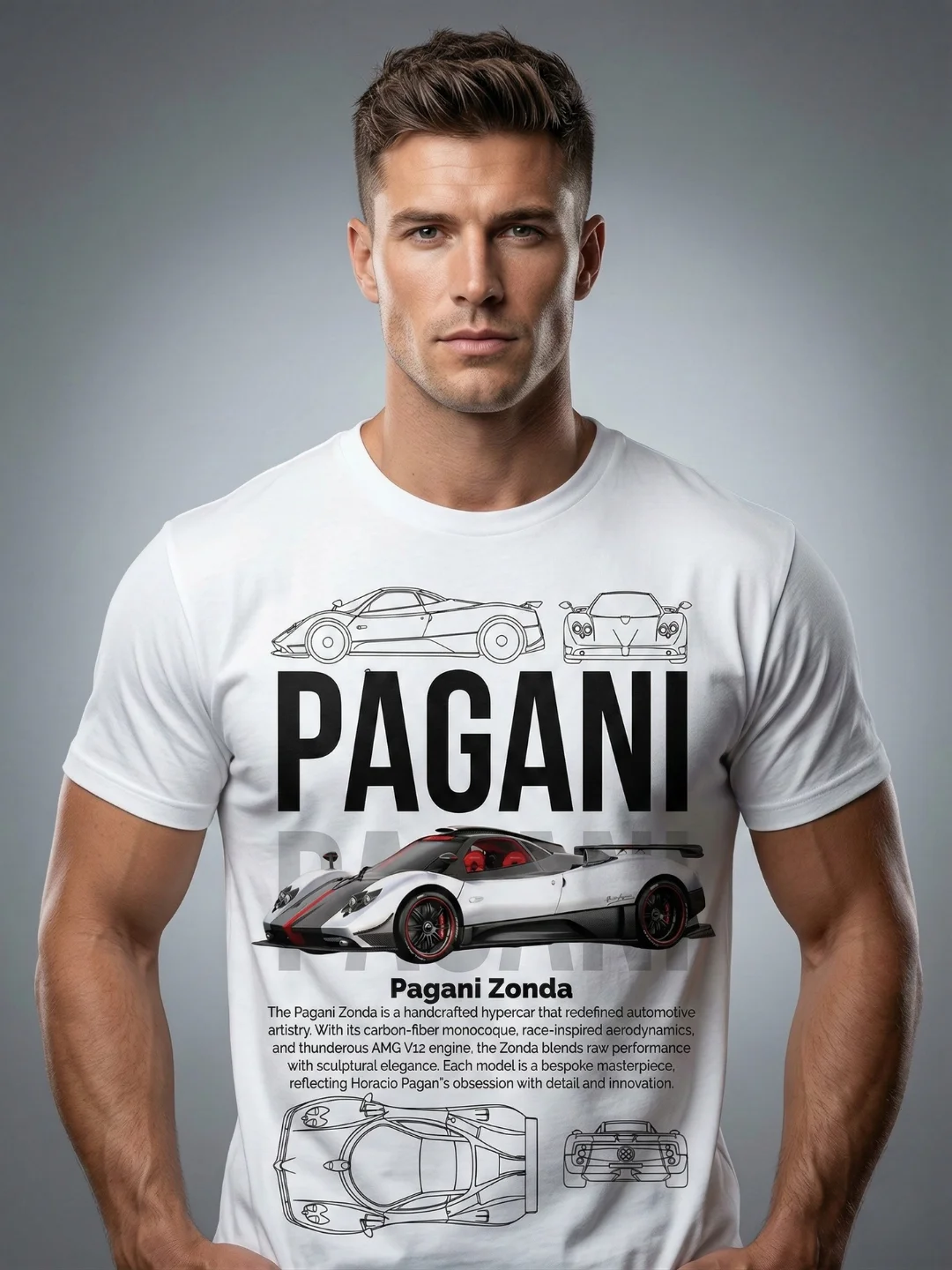 Pagani Zonda T-Shirt | Blueprint Hypercar Graphic Tee | Horacio Pagani AMG V12 Collector Shirt product image (1)