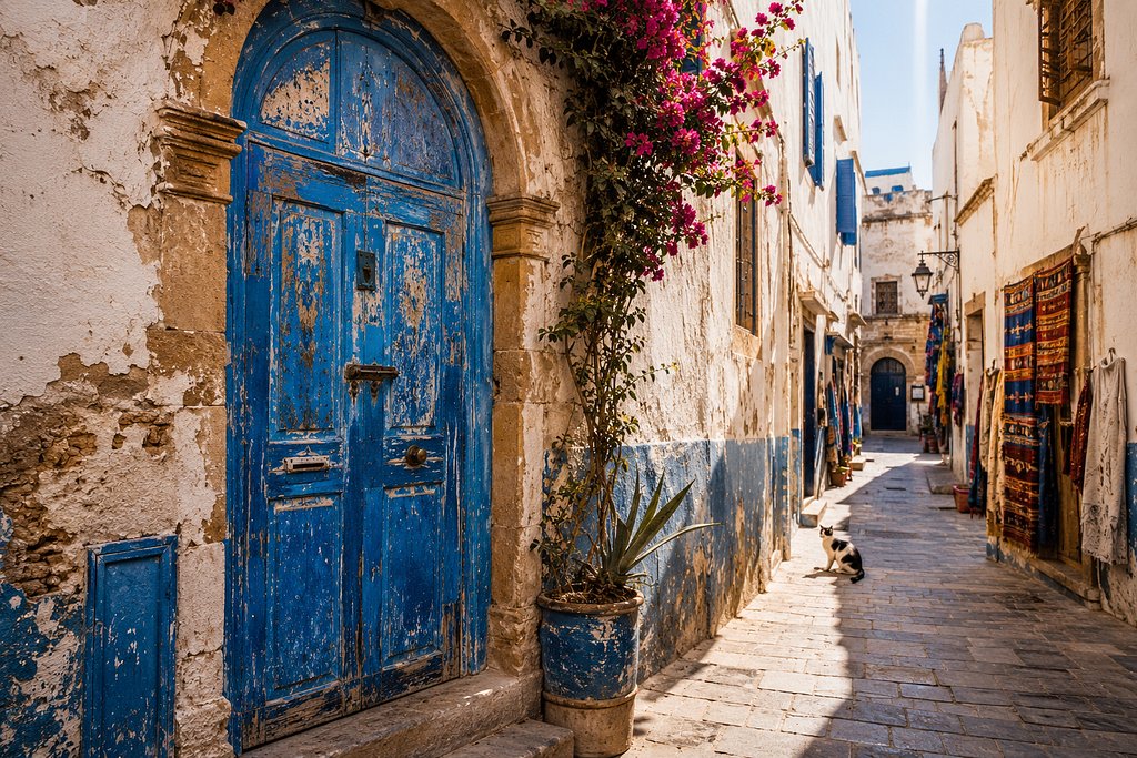 Sunlit alley in Essaouira, Morocco with a weathered blue door, whitewashed walls, bougainvillea, woven rugs, potted plants, and a cat resting on the stone street.