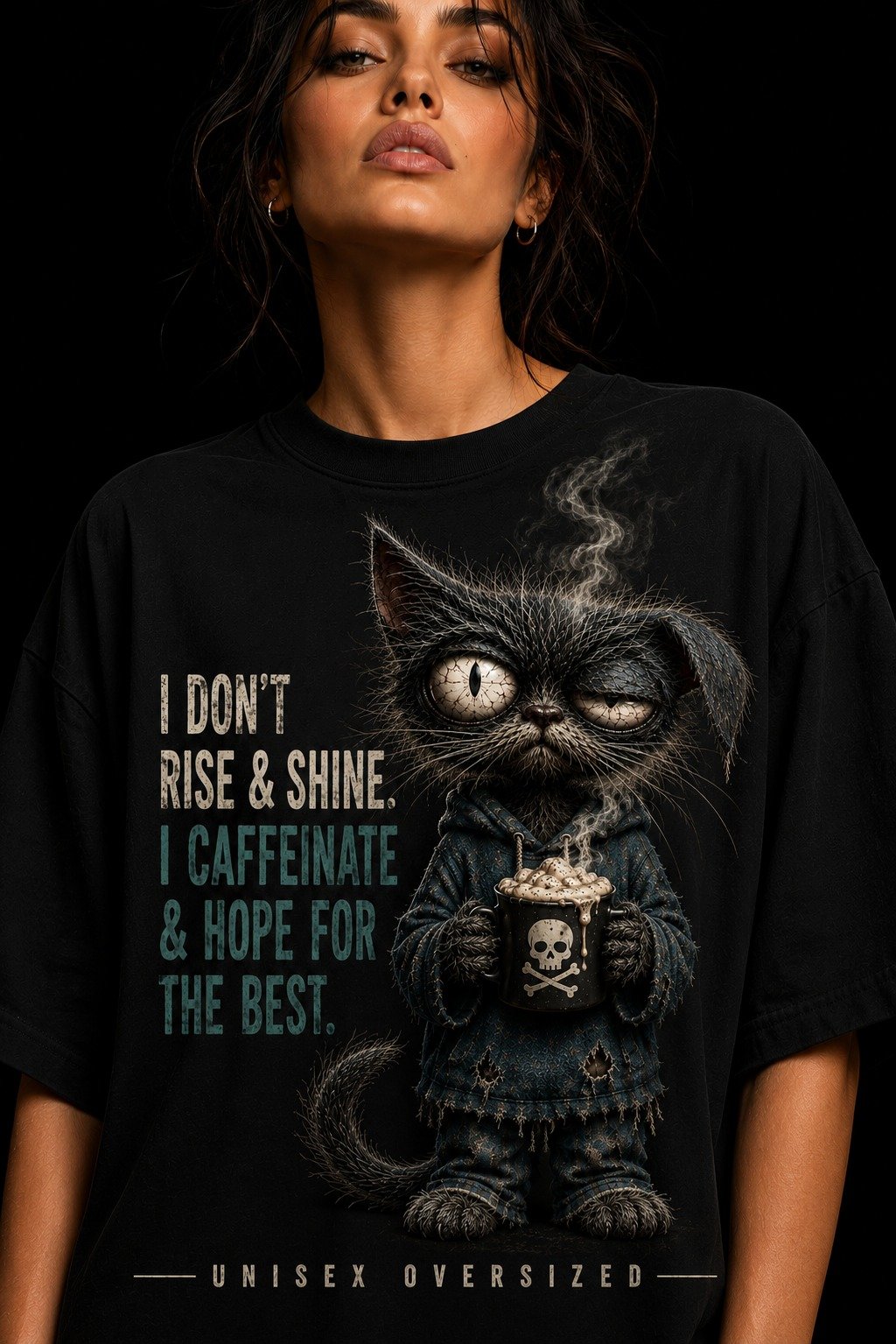 I Don’t Rise & Shine I Caffeinate & Hope for the Best Cat Coffee T-Shirt | Unisex Oversized product image (1)