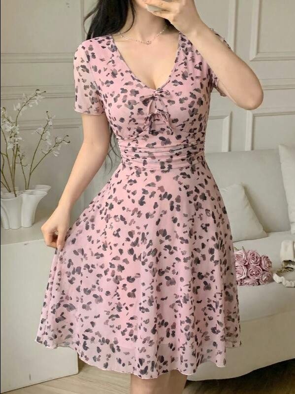 Feyla ADLEST Women's Front Tie Full Print V-Neck Short Sleeve Mini Dress product image (8)