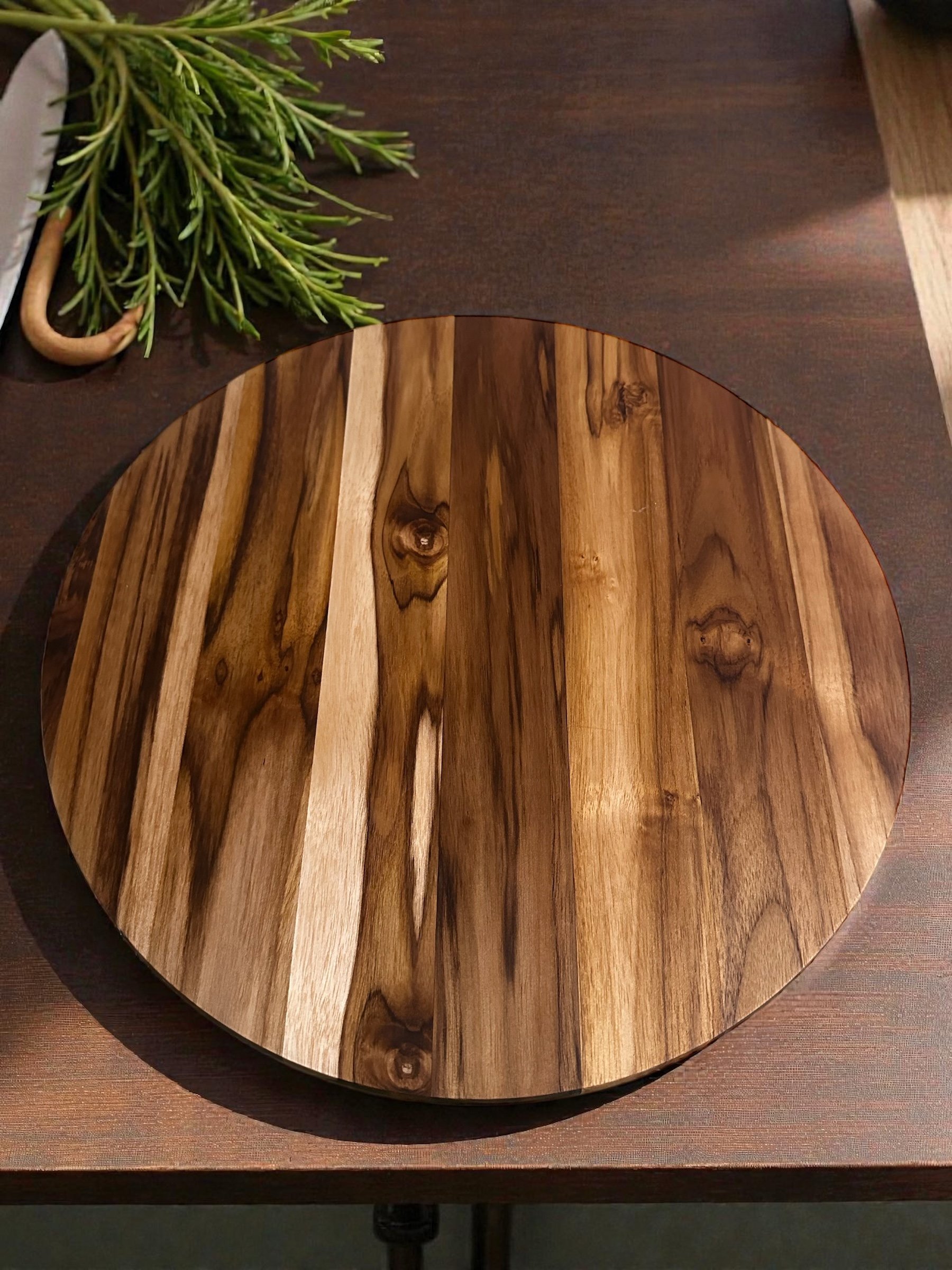 15” Round Solid Teak Cutting Board with Hand-Cut Juice Groove | Raised-Grain Finish | Food-Safe product image (4)