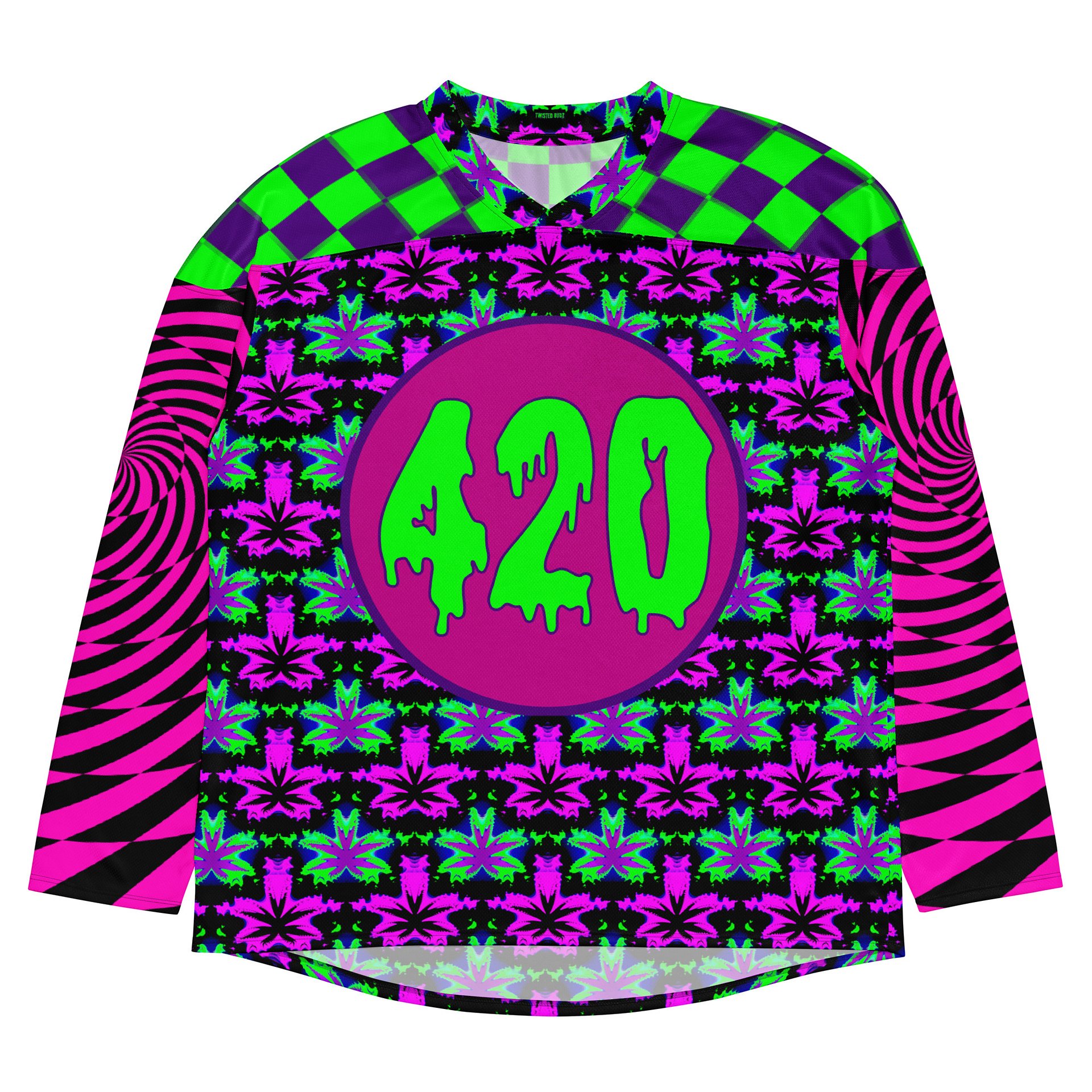 Cannabis Leaf 420 Hockey Jersey, Psychedelic Weed Rave Shirt, Spirals Stoner Clothes, Neon EDM Festival Fashion, Trippy Checkers Techno Top product image (1)