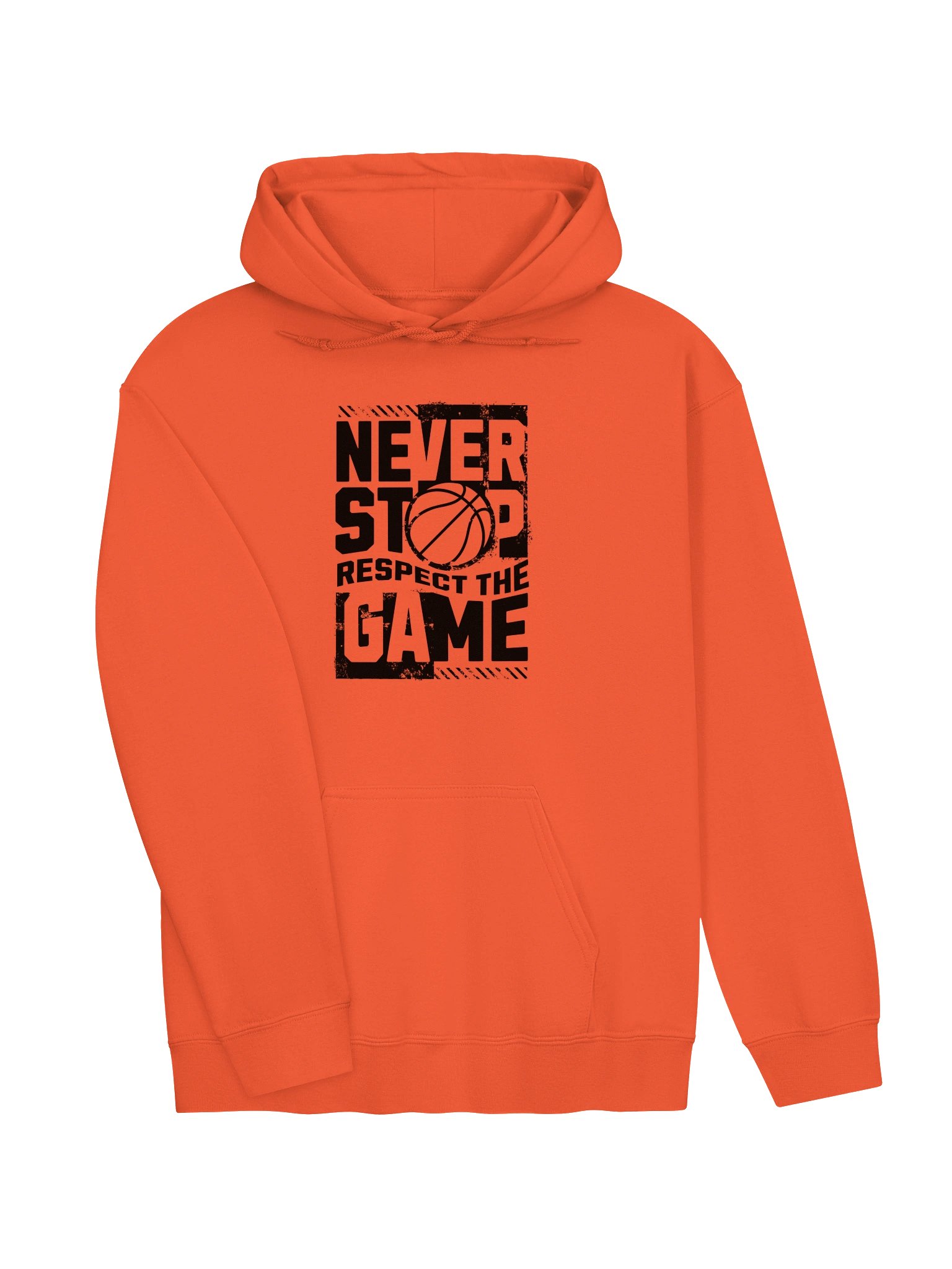 "Never Stop – Respect the Game" Basketball Hoodie – Orange Oversized Graphic Pullover with Distressed Black Print product image (3)