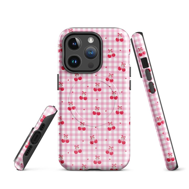 Cherries and Plaid Dreams Tough Magnetic MagSafe® iPhone® 14, iPhone 15, iPhone 16, iPhone 17, Pro, Pro Max, Plus Cases. product image (1)