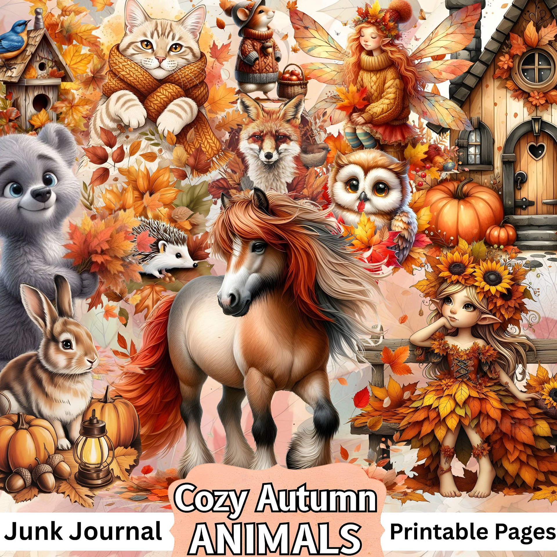 Cozy Autumn Animals & Fairies Ephemera Bundle – Whimsical Woodland Junk Journal Printable PDF product image (1)