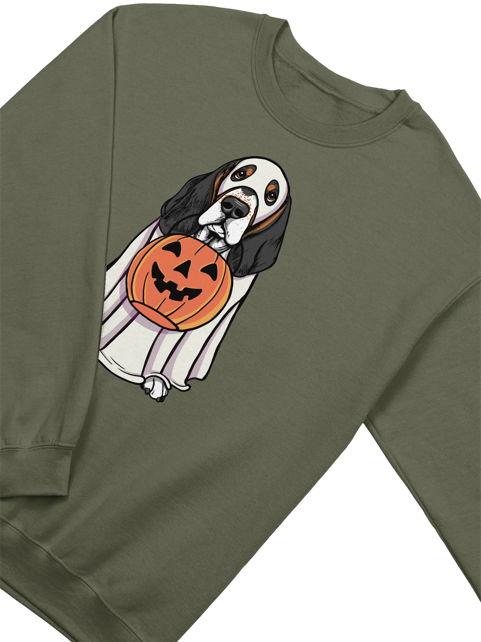 Funny Halloween Basset Hound(Tricolor) Sweatshirt | Funny Basset Hound Wearing a Ghost Costume and Holding a Pumpkin Basket product image (4)