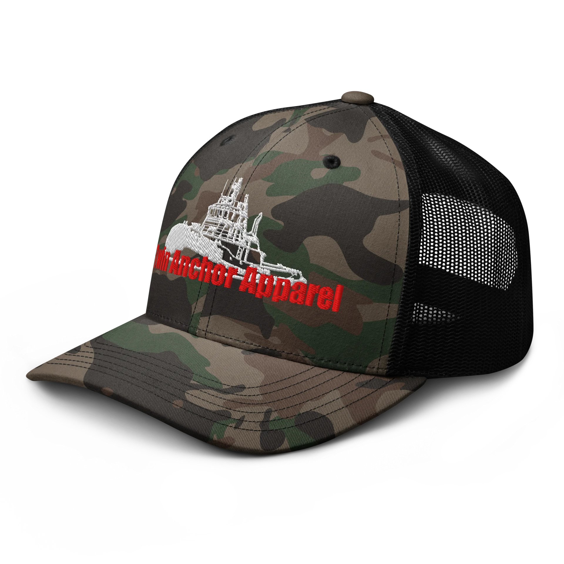 White & Red Marco tug Camo Trucker Hat product image (4)