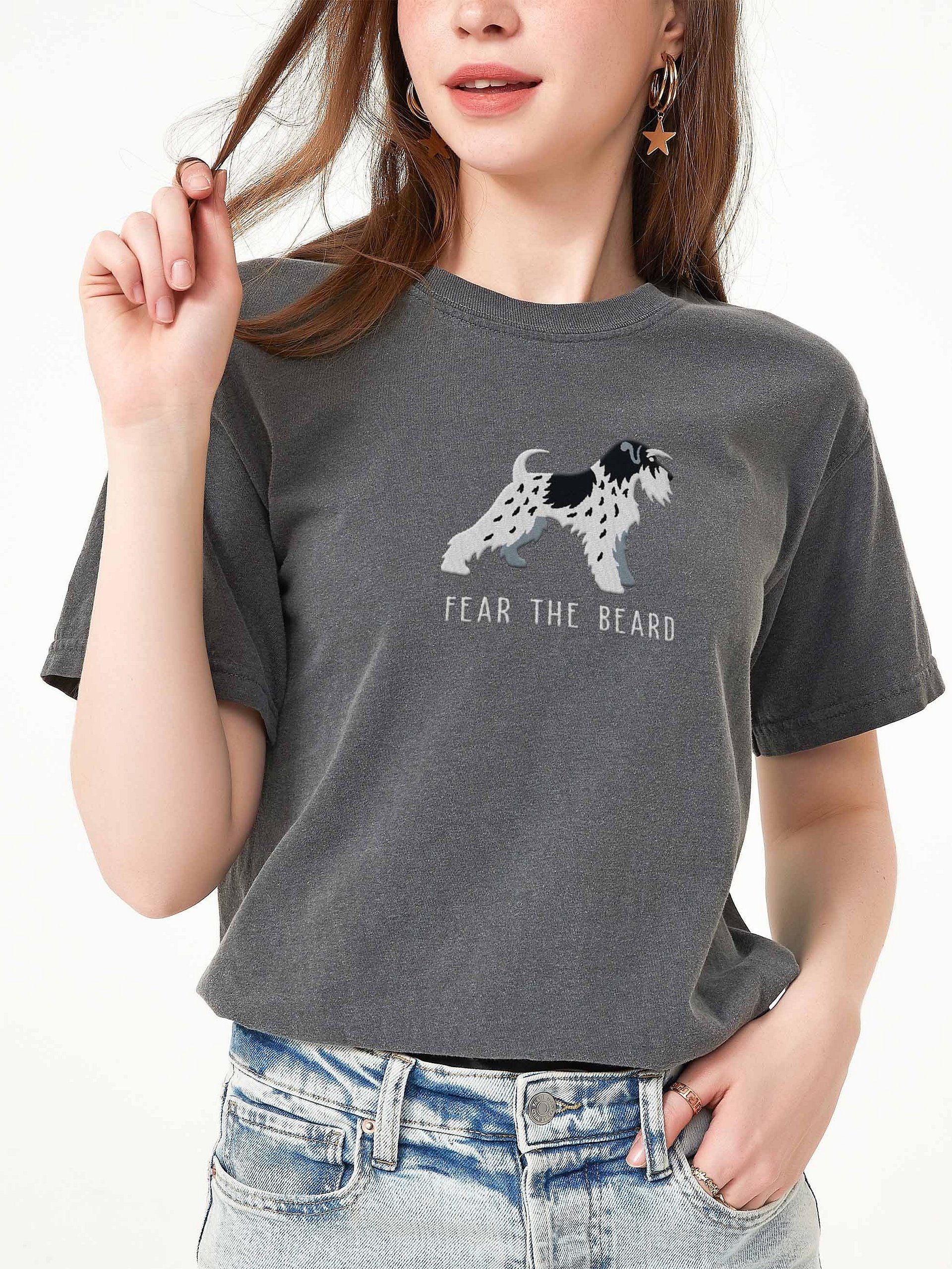 Fear the Beard T-Shirt(Embroidered) of a Miniature Schnauzer(Parti, Black & White) product image (2)