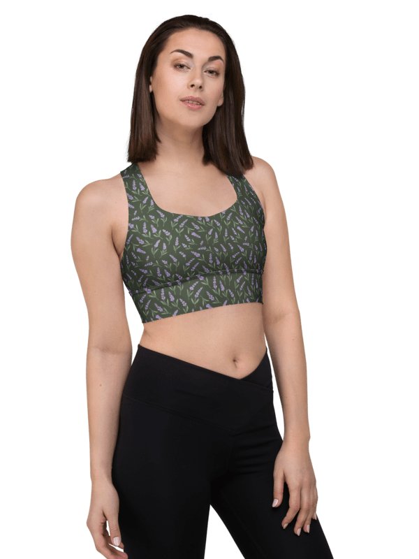 All-Over print recycled longline sports bra with lavender pattern on green background product image (1)