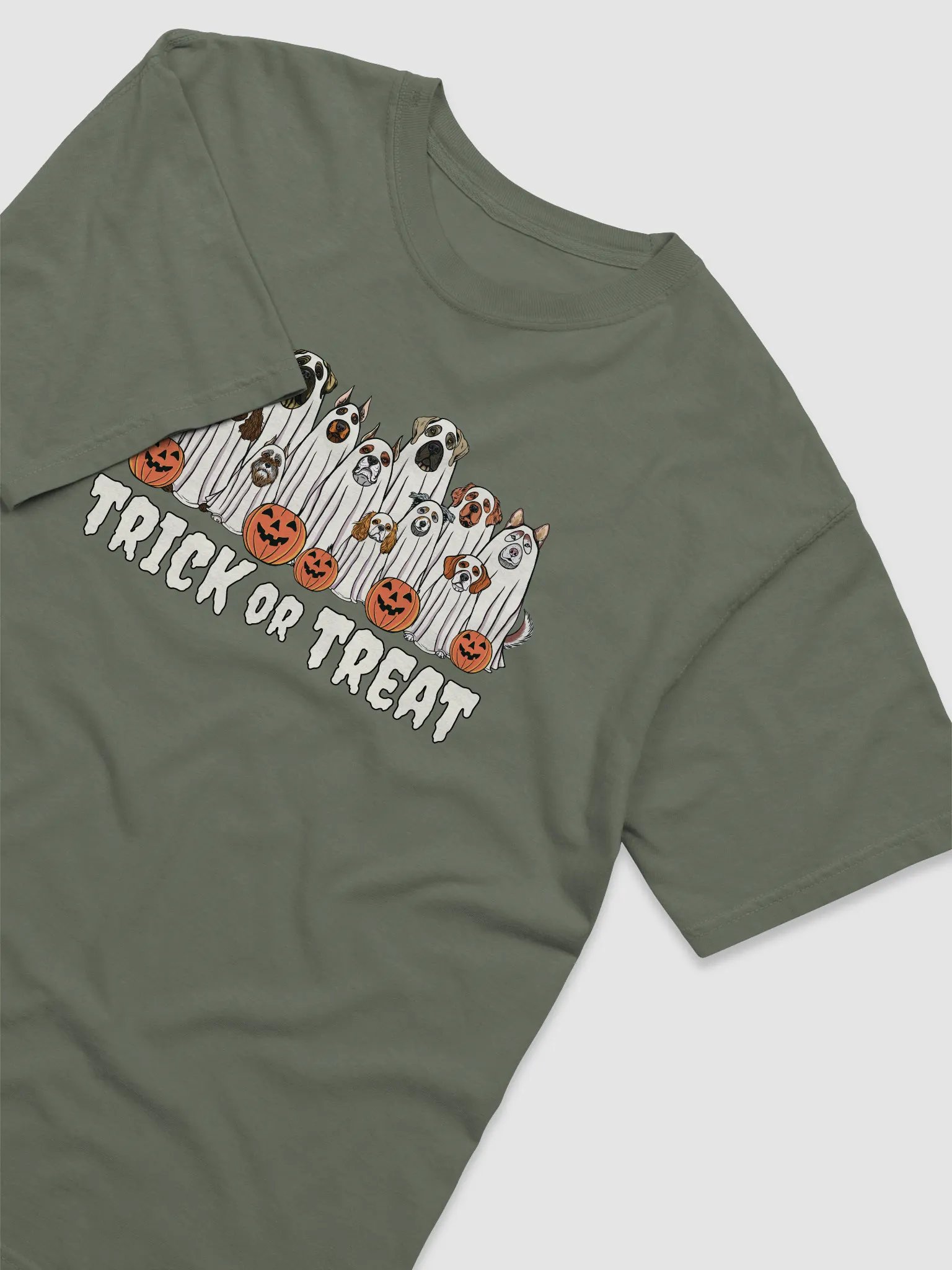 Trick or Treat Funny Halloween Dogs T-Shirt | Funny Dogs Wearing Ghost Costumes and Holding Pumpkin Baskets product image (6)
