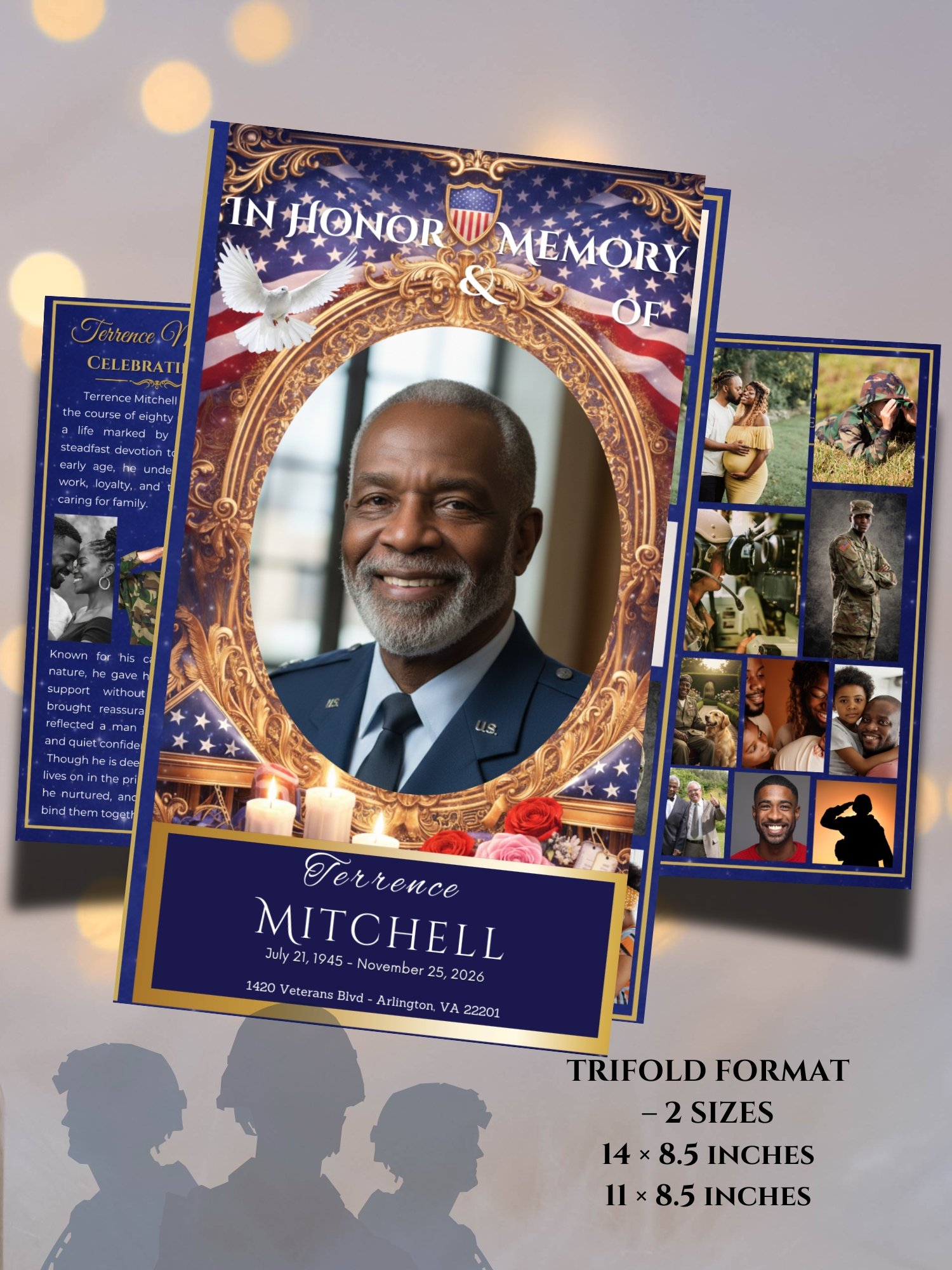 Military Funeral Program Template | 6-Page Patriotic Veterans Memorial Trifold | Canva 11x8.5 & 14x8.5 product image (8)