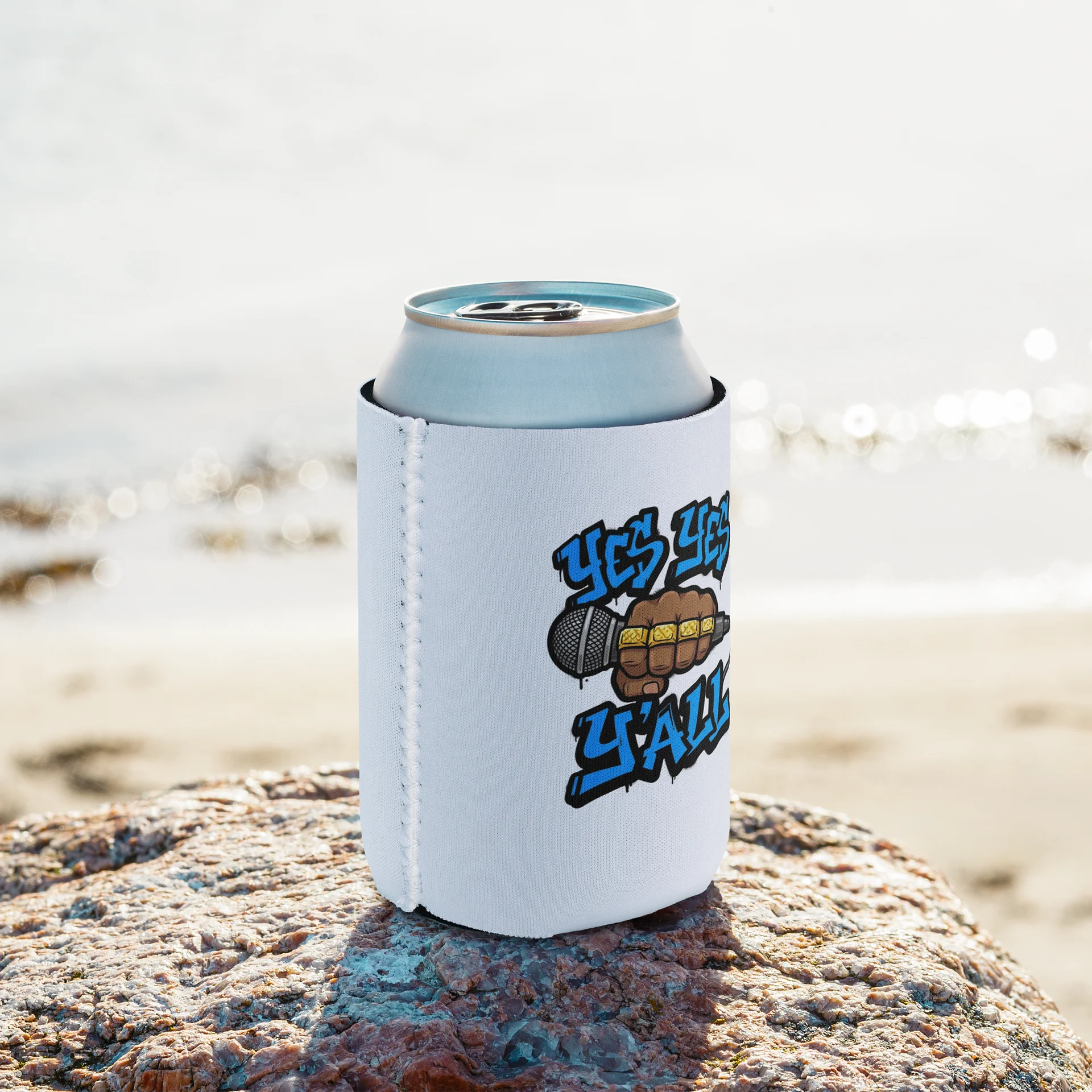 Yes Yes Y’all Hip Hop Can Cooler – White with Microphone Graffiti Graphic product image (8)