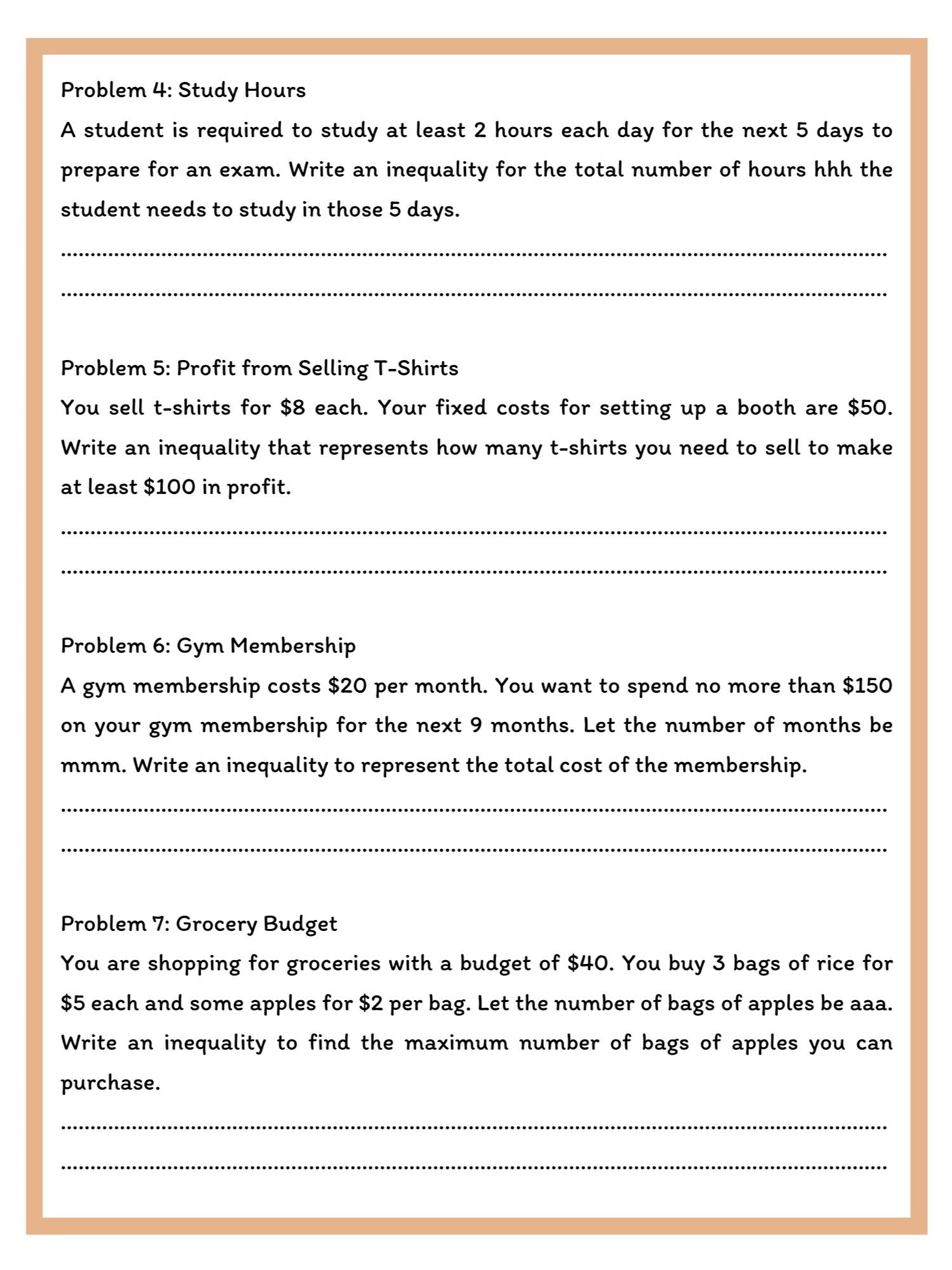 Inequality Word Problems Worksheet with Answer Key product image (2)