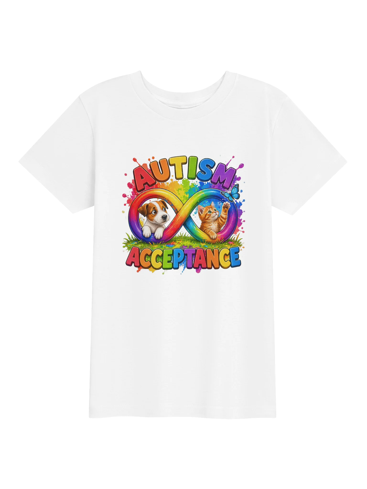 KID'S PUPPY AND KITTY AUTISM ACCEPTANCE & INCLUSION TEE WITH INFINITY SYMBOL RAINBOW product image (1)