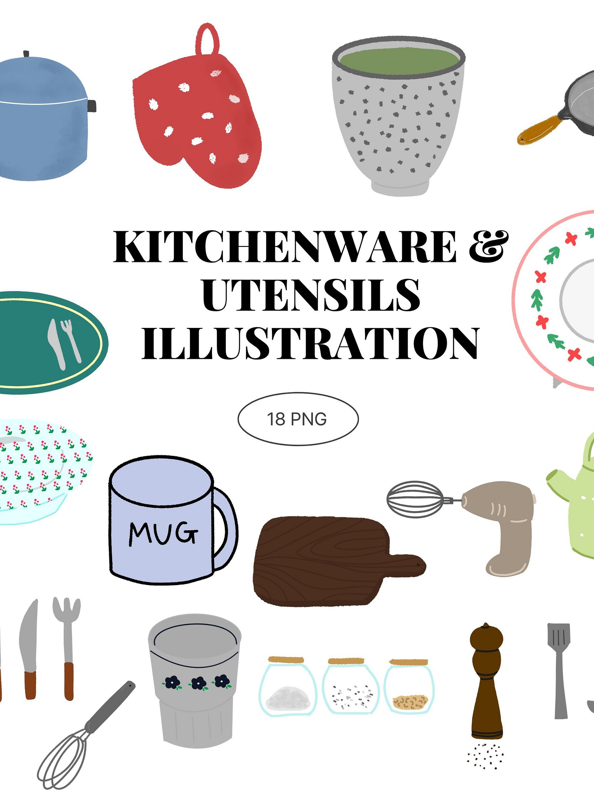 18 Hand-Drawn Kitchenware & Utensils PNG Clipart Bundle product image (1)