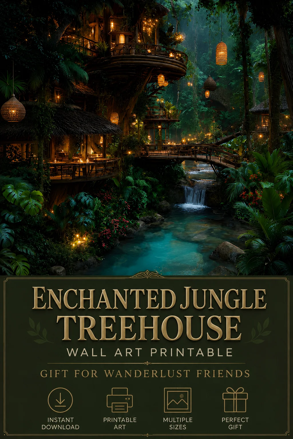 Enchanted Jungle Treehouse Printable Wall Art Gift for Wanderlust Friends Fantasy Tropical River Night Scene 16x16 Digital Download product image (1)