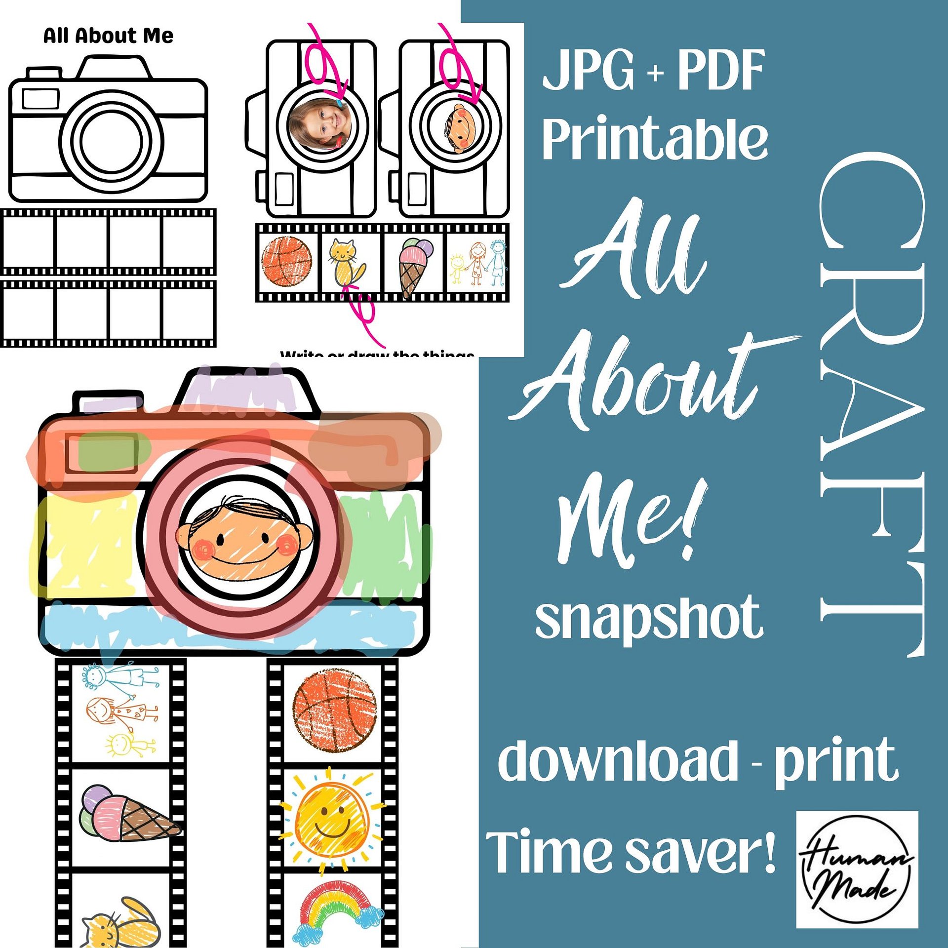 All About Me Polaroid Camera Craft Back to School Activities Printable Snapshot product image (1)