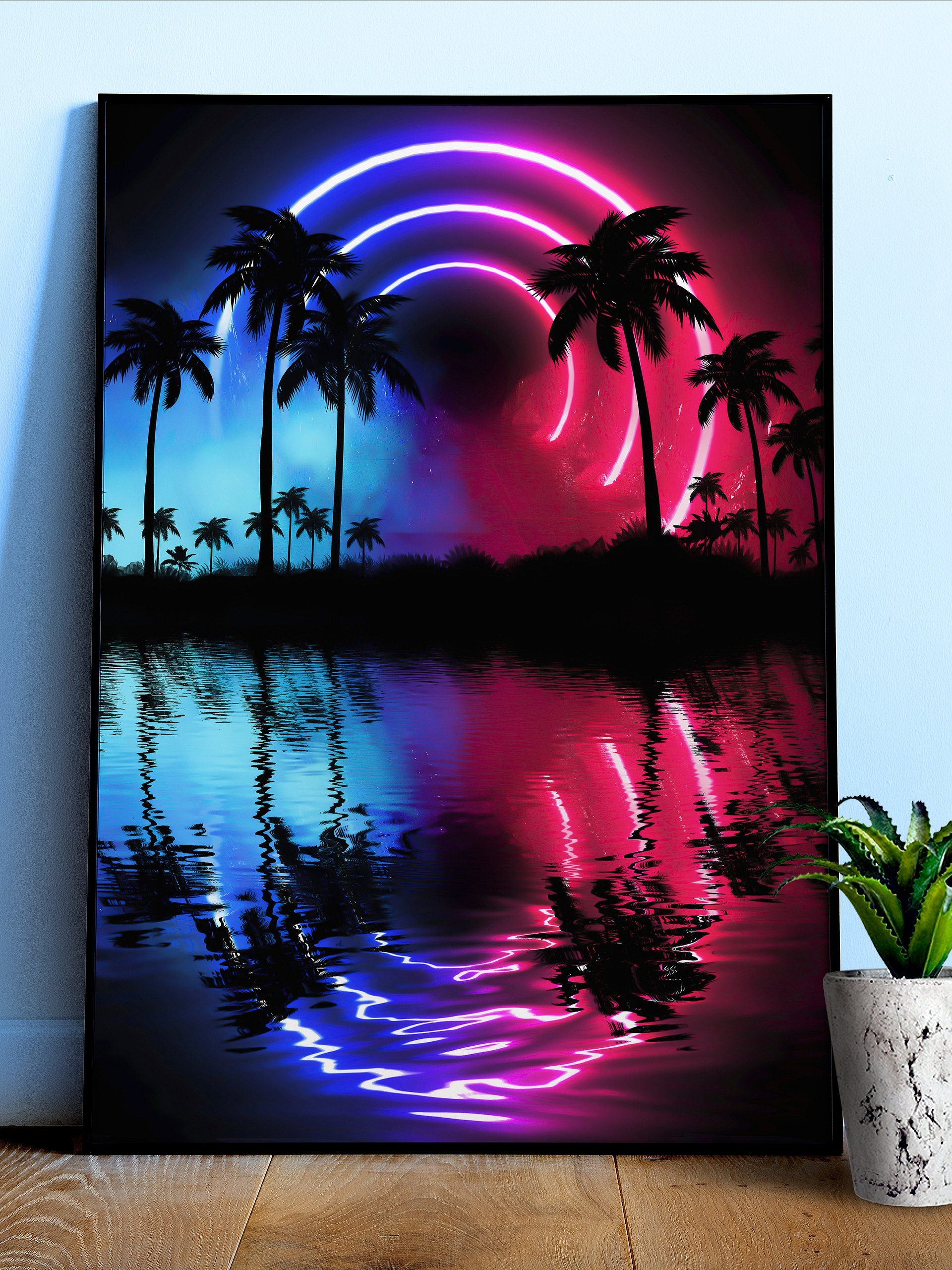 Neon landscape: Palms & Arc [synthwave/vaporwave/cyberpunk] — Aesthetic retrowave poster product image (1)