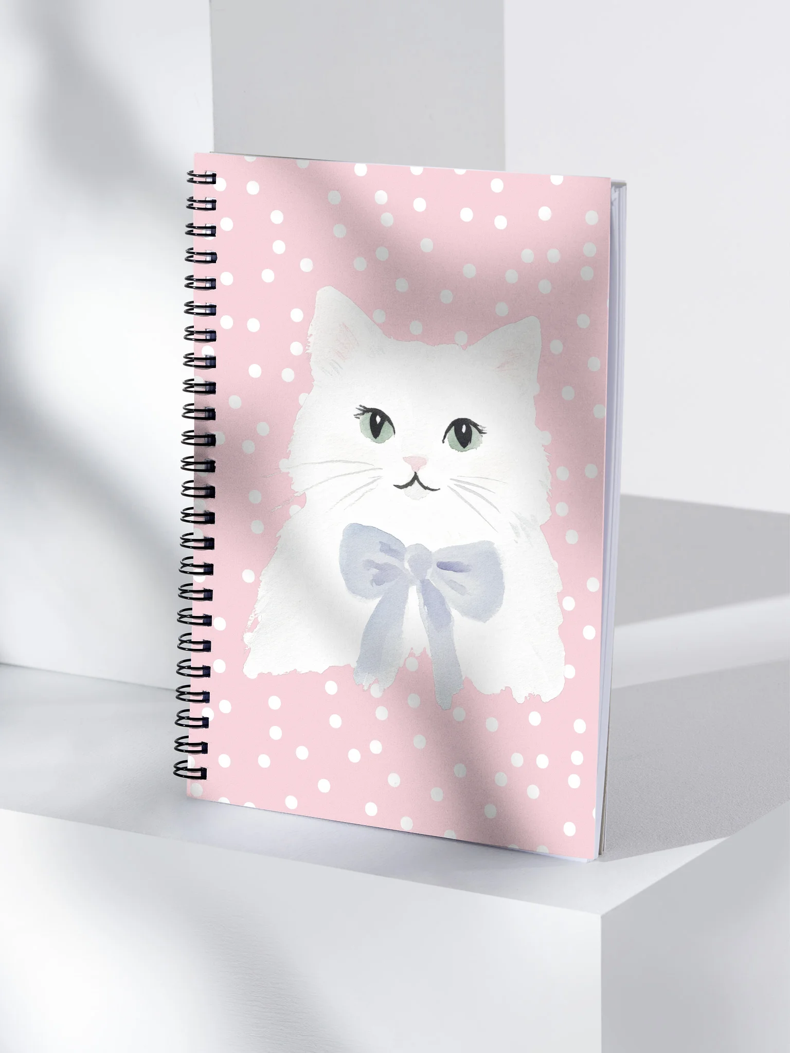 Fluffy White Cat with Bow Spiral Notebook – Cute Polka Dot Edition product image (4)