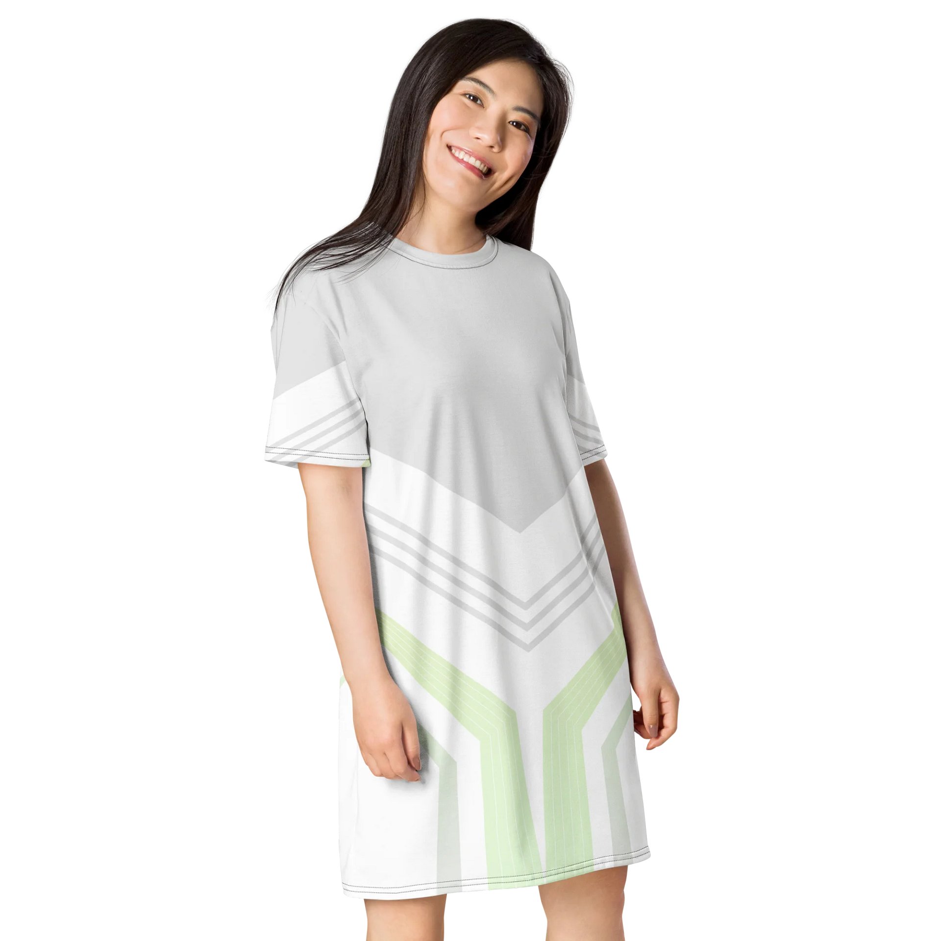 Trendy Geometric Pattern T-Shirt Dress - Light Gray with Green & White Accents - Oversized Fit product image (4)