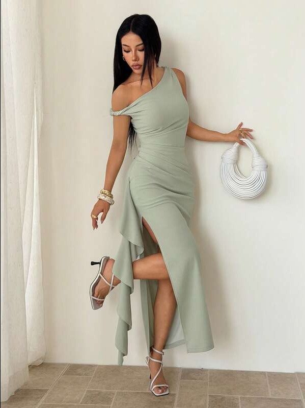 PETITE Spring & Summer Bridesmaid Dress, Party Oblique Shoulder Twist Knot Strapless Sexy Pleated High Slit Ruffle Wrap Long Dress, Elegant Ruffle Oblique Shoulder Dress In Green Sage Color product image (1)