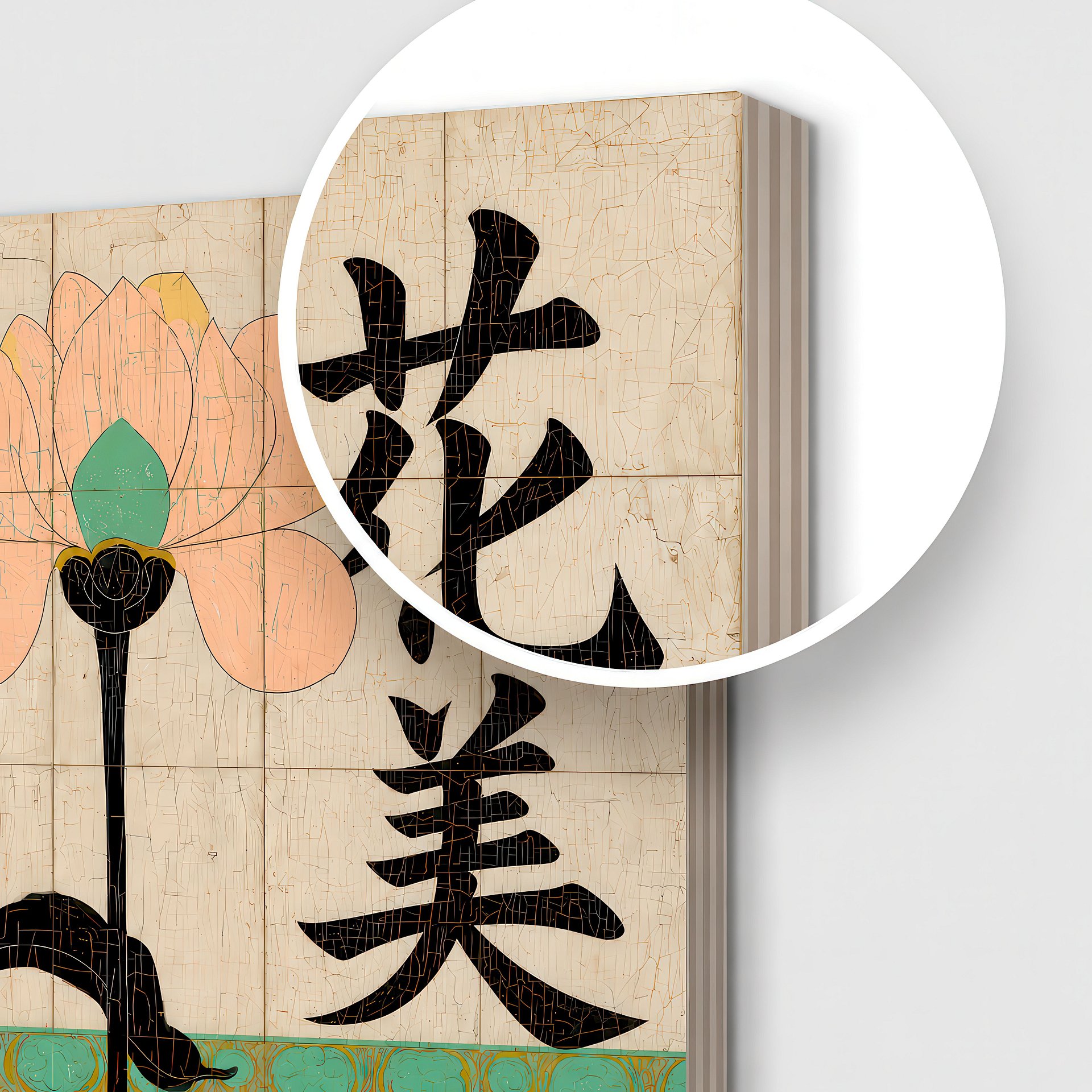 The Jade Lotus | Japanese Birch Wood Art Panel | Wall Decor | 24×24″ (60x60 cm) product image (3)