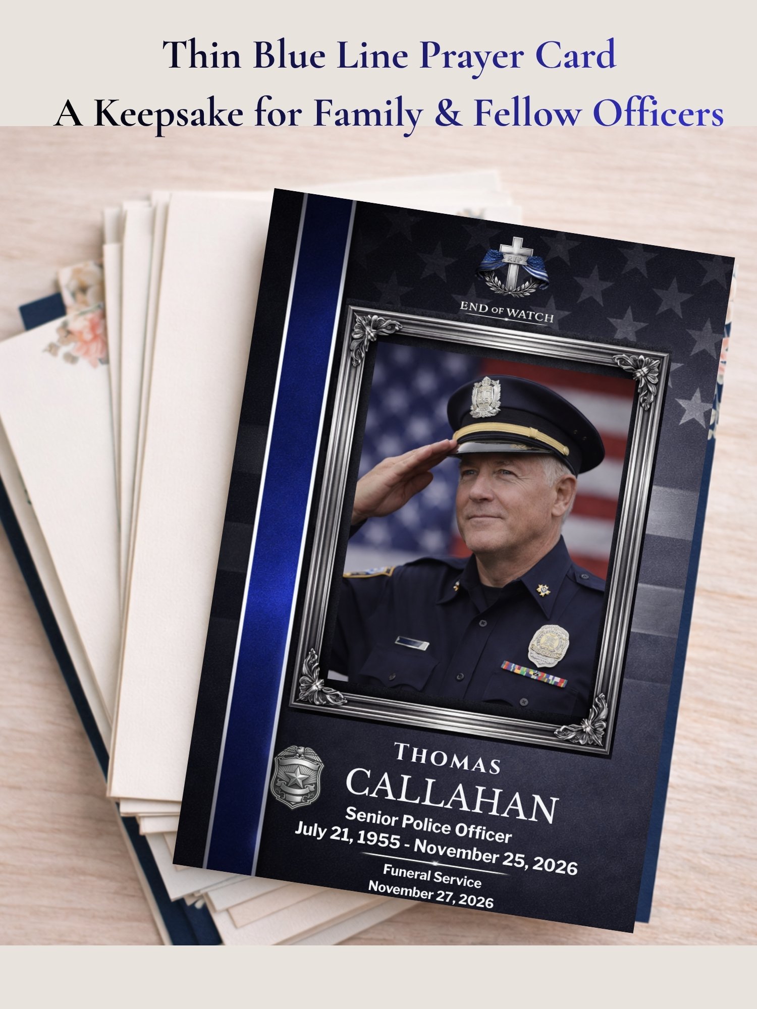 Thin Blue Line Police Funeral Prayer Card Template, Editable Canva Memorial Card for Law Enforcement Officers product image (6)