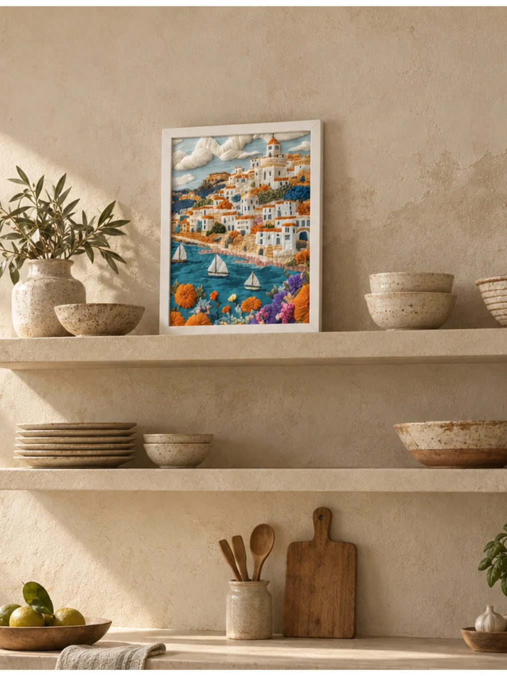 Mediterranean Village in Italy | Embroidery-Style Wall Art — Framed Print product image (25)