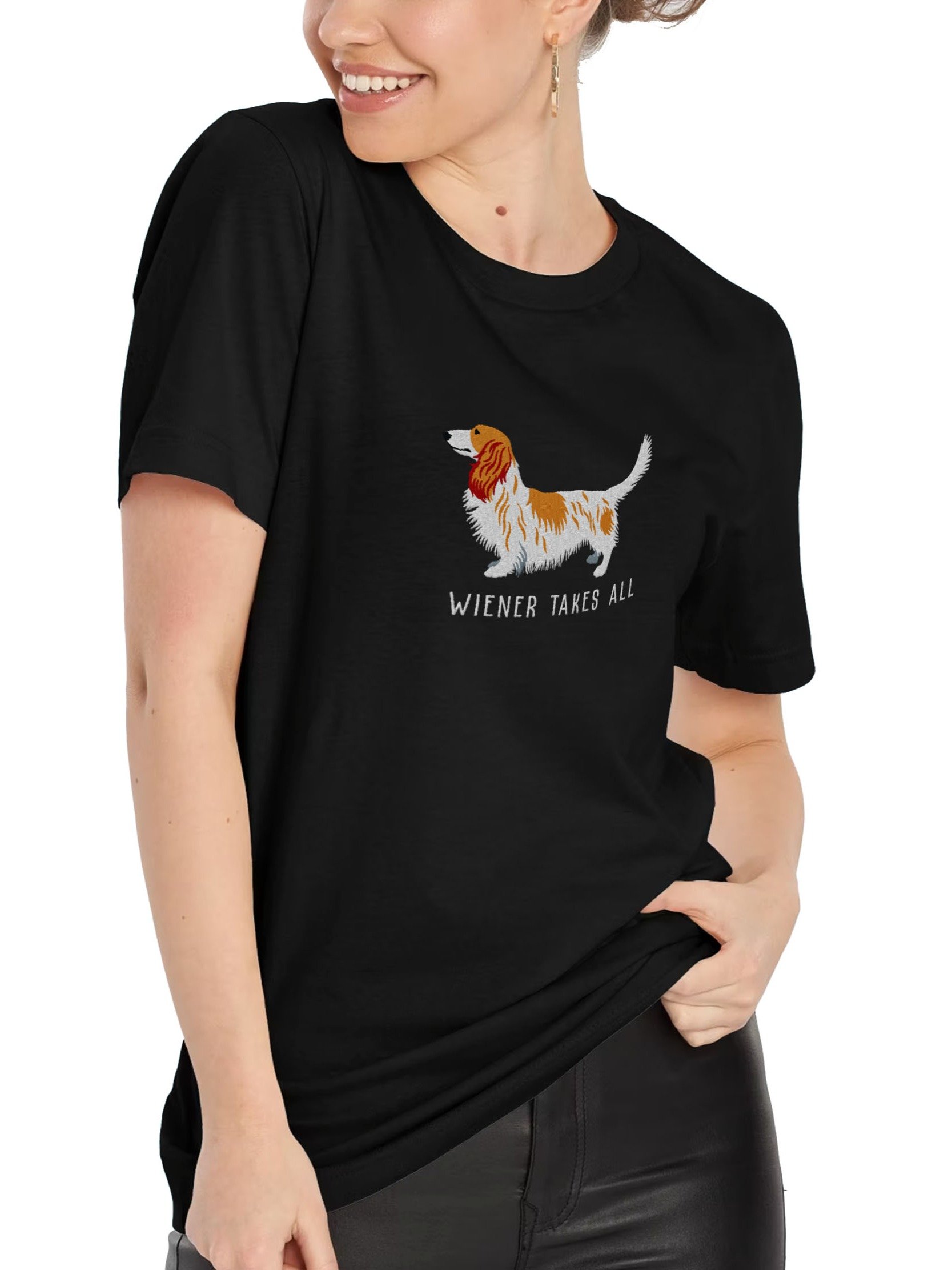 Wiener Takes All T-Shirt(Embroidered) of a Longhaired Dachshund(Pied Brown & White) product image (2)