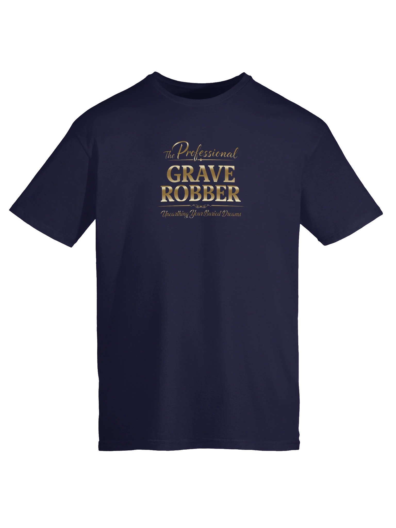 The Professional Grave Robber Navy Blue Gold Script Tee product image (5)