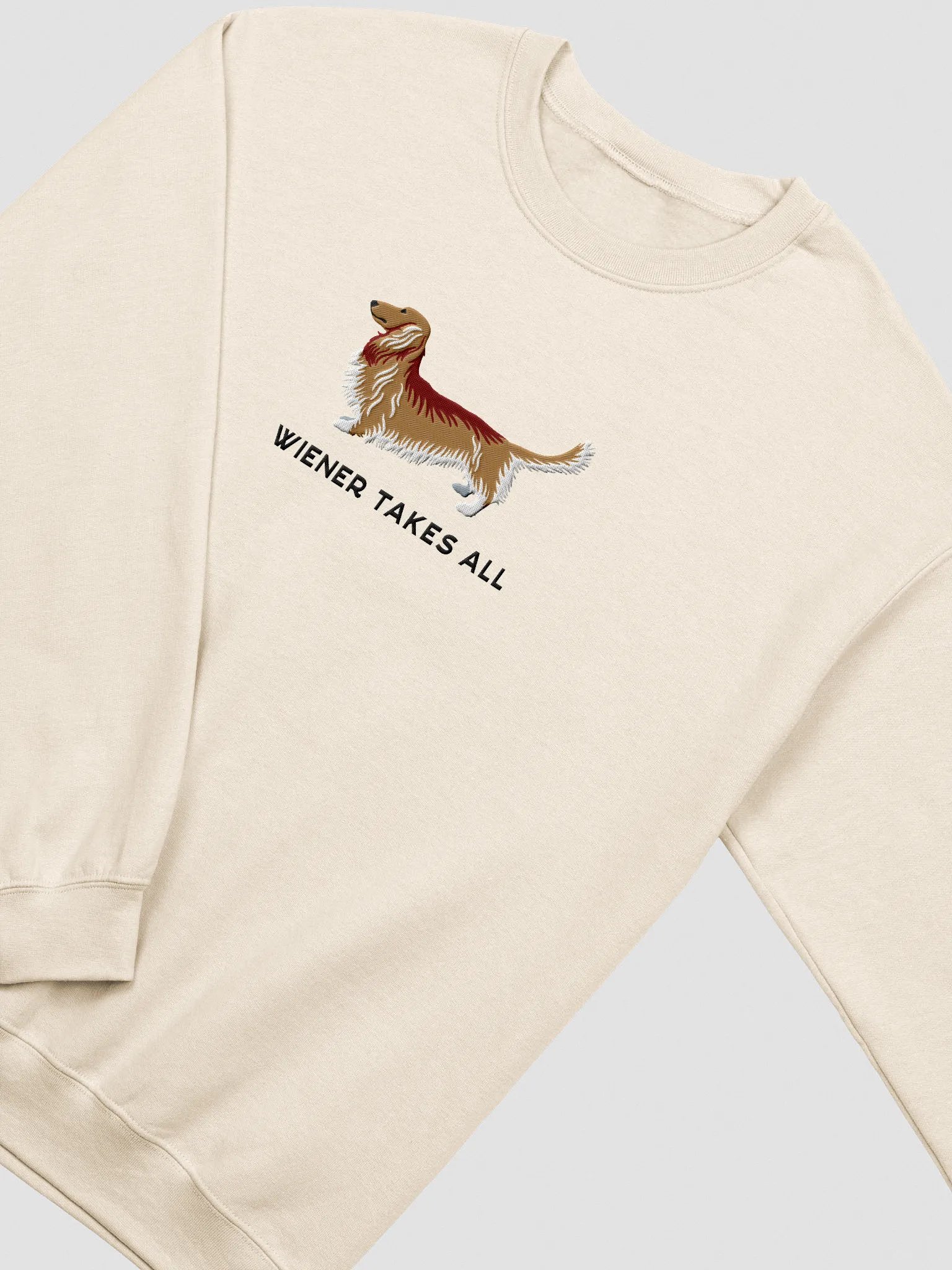 Wiener Takes All Sweatshirt (Embroidered) of a Longhaired Dachshund(Tan) product image (6)