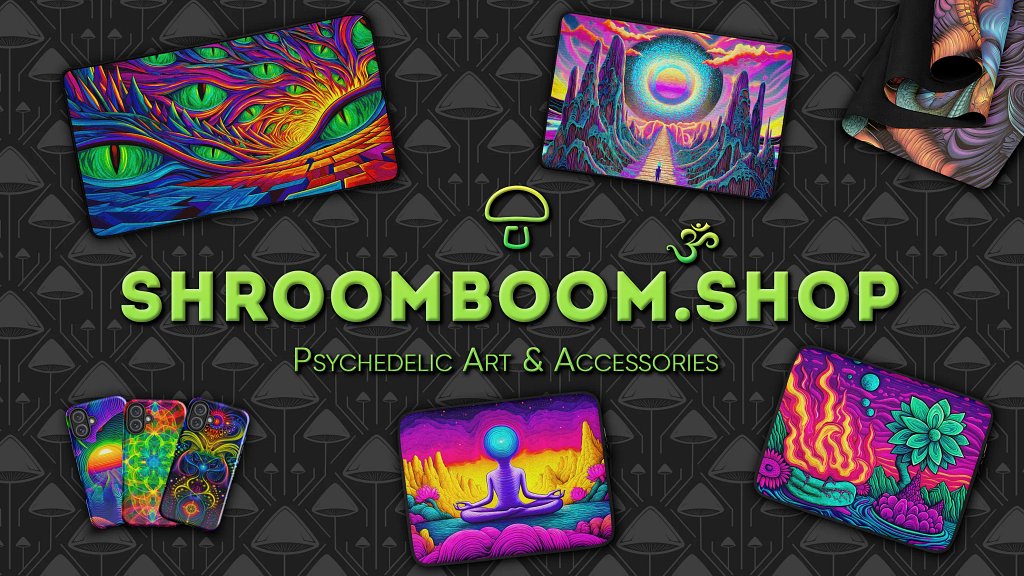 SHROOMBOOM.SHOP psychedelic art and accessories, featuring colourful phone cases, printed mats and pouches.