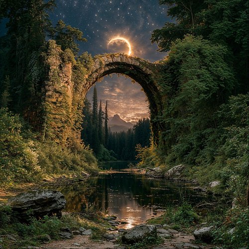 The ancient arch stands as witness to ages, moss-covered and patient, holding the sacred space between worlds. The moon glows...