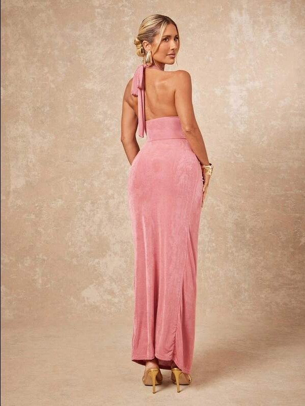 Summer Women's Extra Long Dress With Halter, Waist Cinching, Ruched Structure, Flowy Ribbon, And Metal Flower Decor This Garment Effortlessly Transitions product image (2)