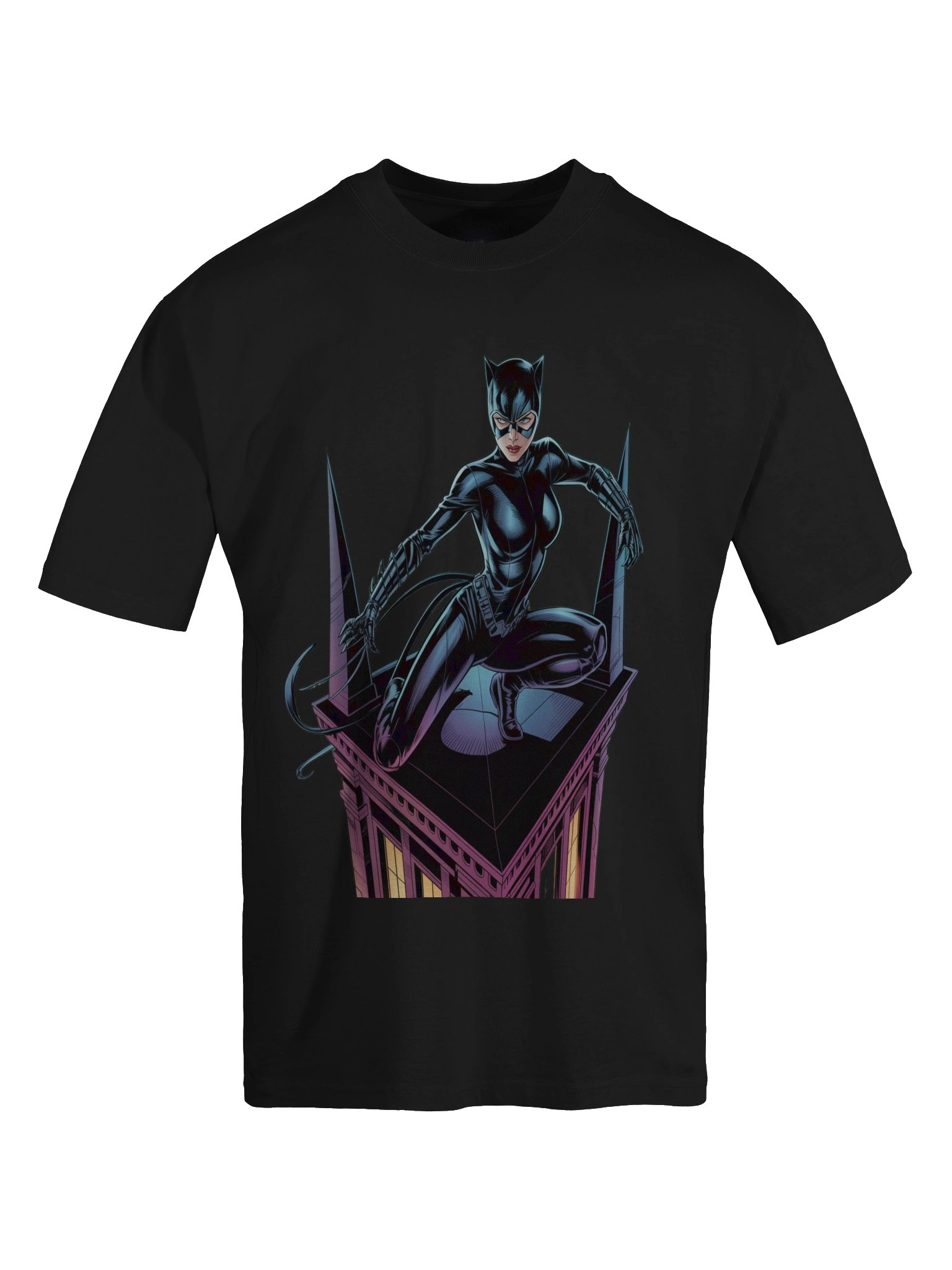 Neon Nocturne: Catwoman's Rooftop Ravish Oversized Faded T-Shirt product image (1)
