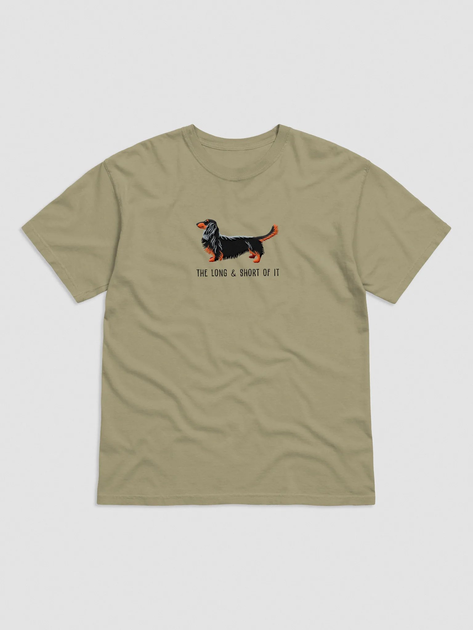 The Long & Short of It T-Shirt(Embroidered) of a Longhaired Dachshund(Black & Tan) product image (4)