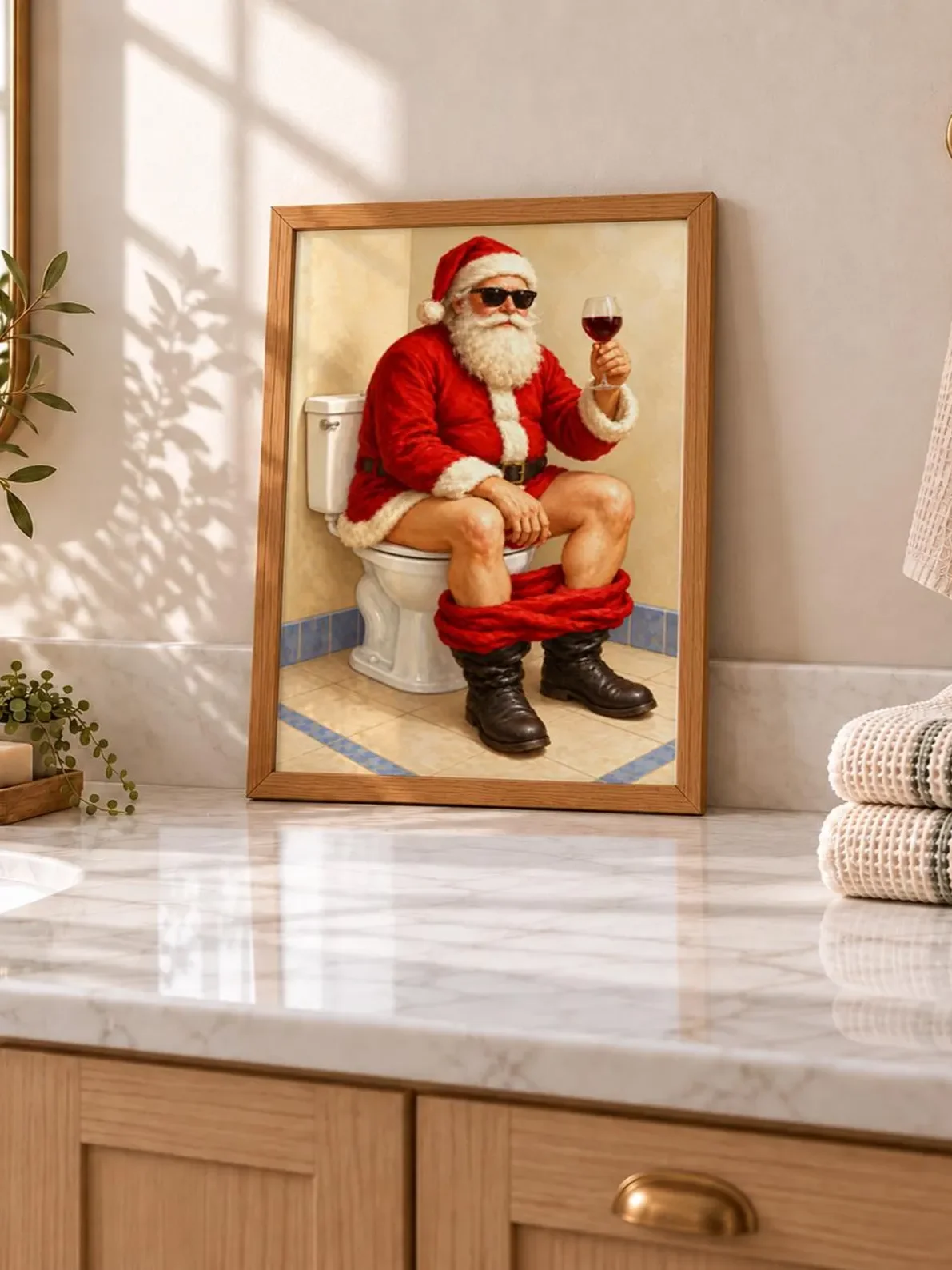 Funny Santa Toilet Print, Christmas Bathroom Wall Art, Sunglasses and Wine Poster, Quirky Holiday Decor, Printable Gift for Cozy Powder Room product image (3)
