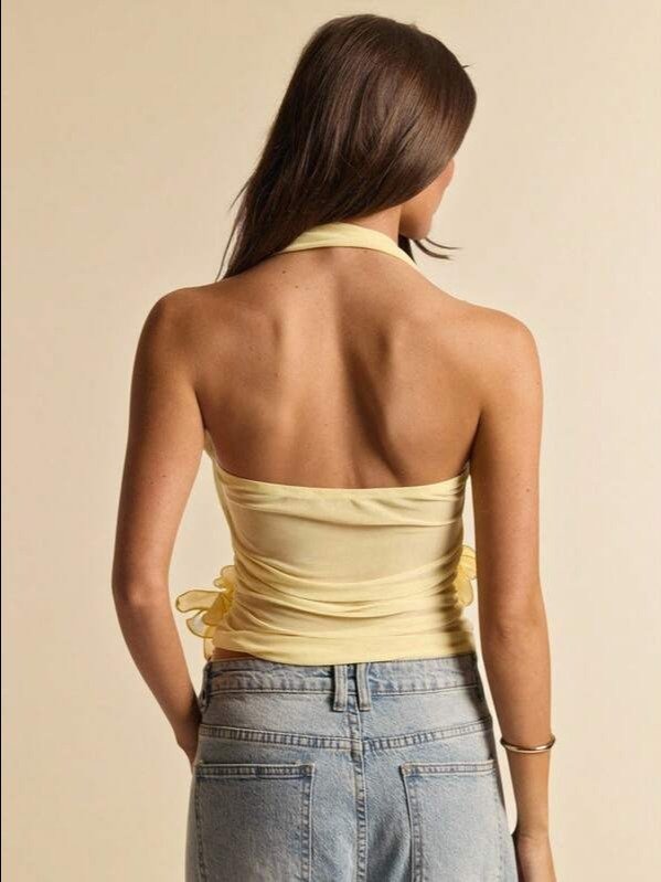 3D Rose Appliqué Halter Neck Backless Top — Light Yellow Slim Fit Knit product image (2)