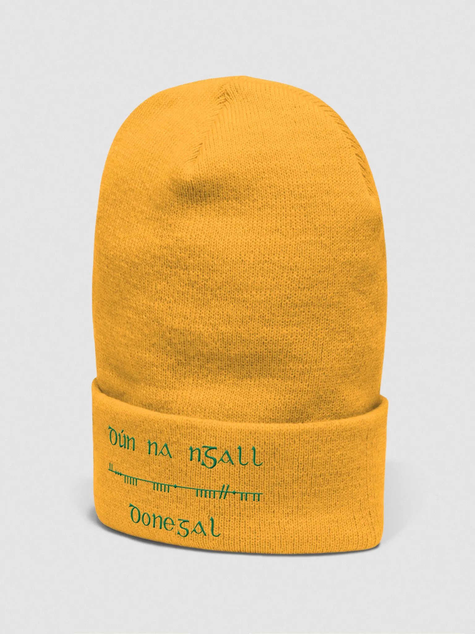 Donegal/Dún na nGall, Scholastic Style Ogham, Gold with Green, embroidered cuffed Beanie product image (2)