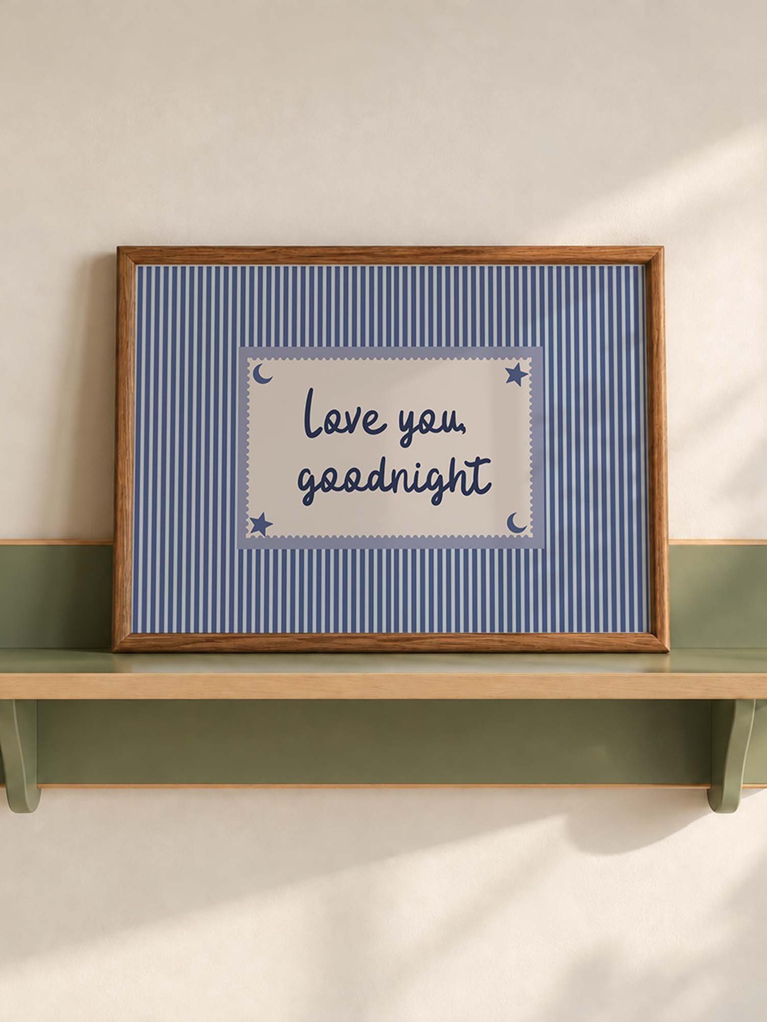 Love You Goodnight Print, Blue Striped Bedroom Wall Art, Handwritten Bedtime Quote, Nursery Decor, Horizontal Digital Download product image (1)