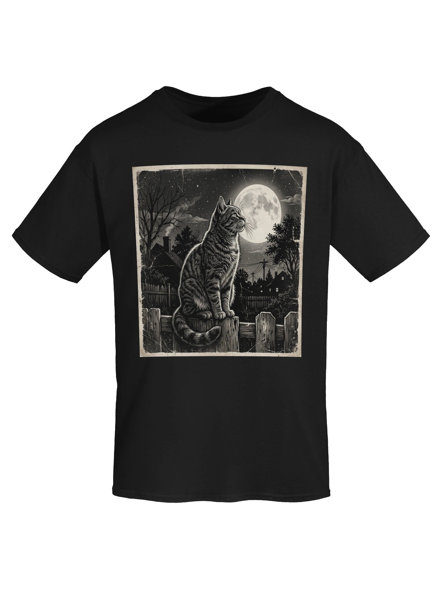 Vintage Cat on Wooden Fence Full Moon T-Shirt product image (5)